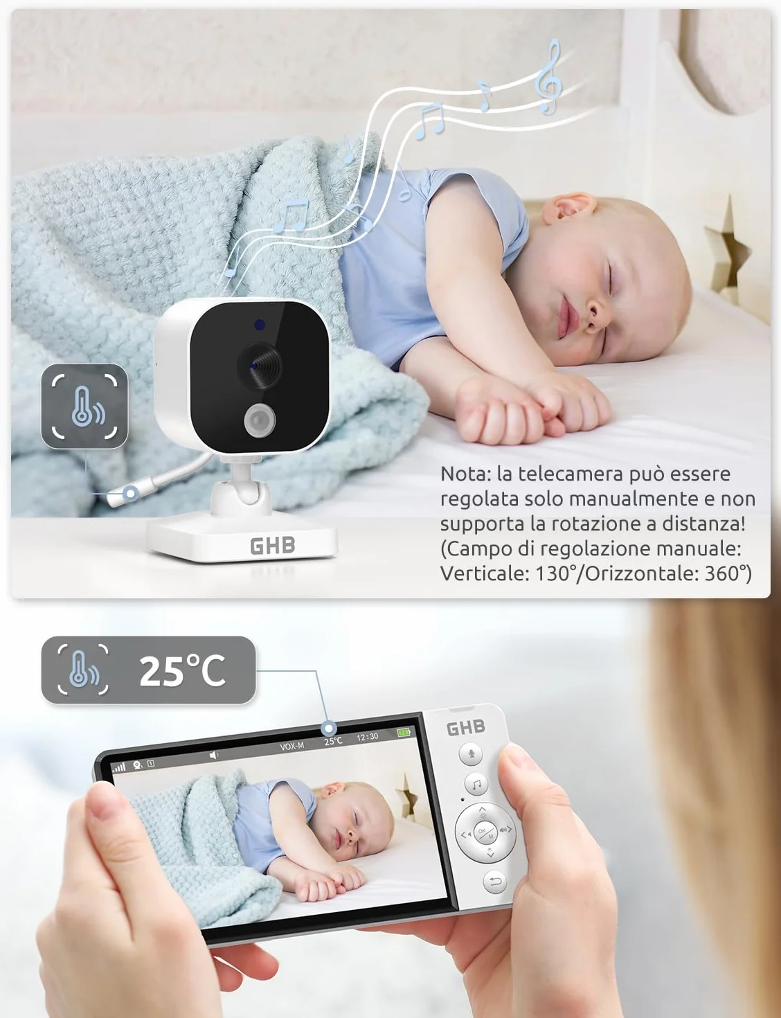 GHB Baby Monitor Video e Audio 5" Telecamera Neonato con Monitor IPS 5000mAh VOX, Visione Notturna, Rilevamento della Temperatura, Ninnananna