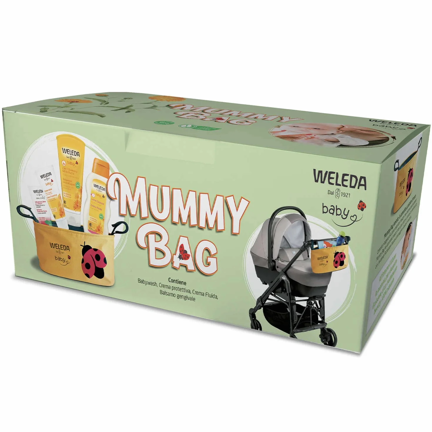 Weleda Mummy Bag, comoda borsa passeggino con kit completo di prodotti cosmetici per la protezione della pelle di neonati e bambini, a base di calendula bio certificata