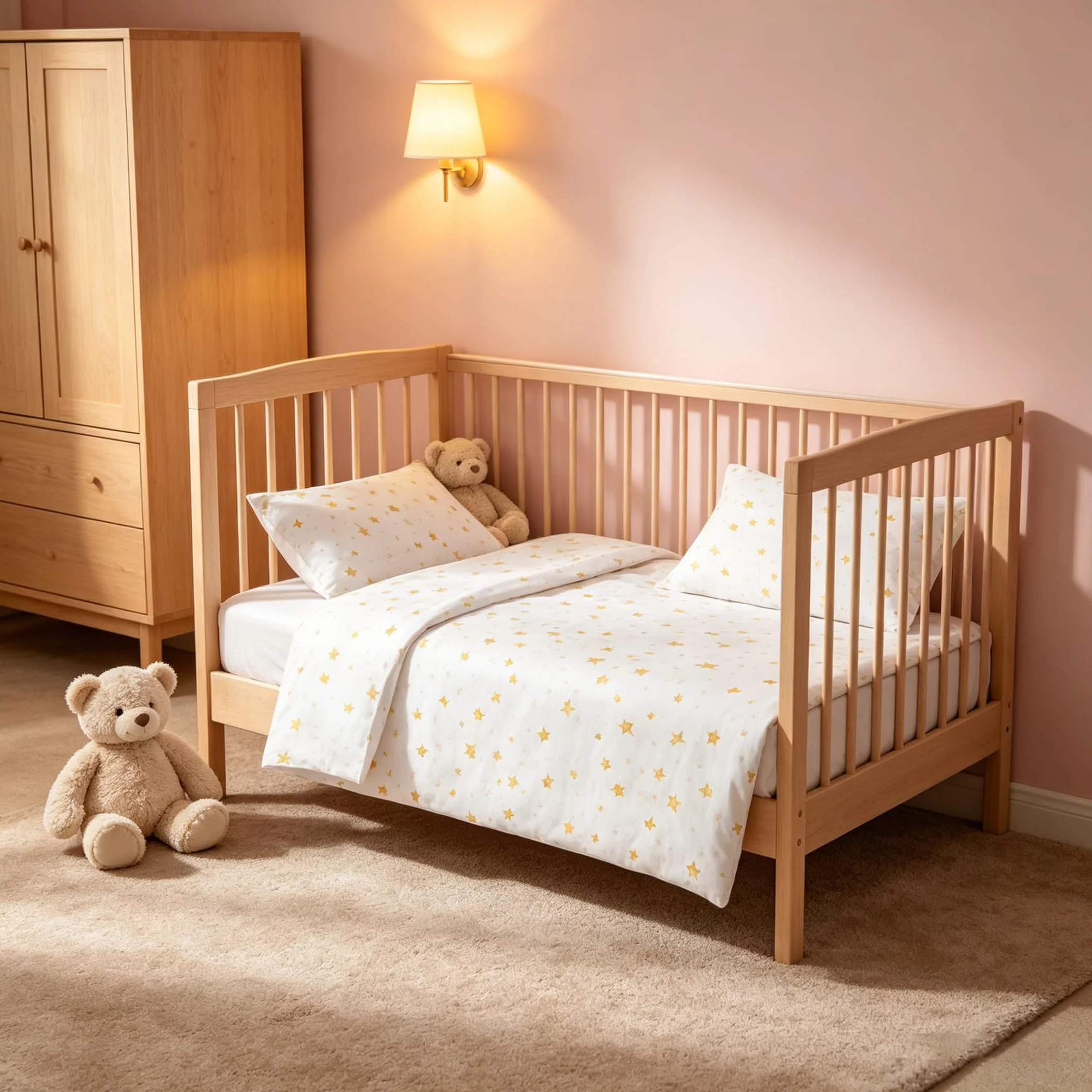 various Set Lenzuola Lettino Neonato 60x120 cm, 100% Cotone Extra Morbido, Include Lenzuolo con Angoli, Lenzuolo Sopra e Federa, Biancheria Letto Bambino Traspirante Motivo Stelle Beige