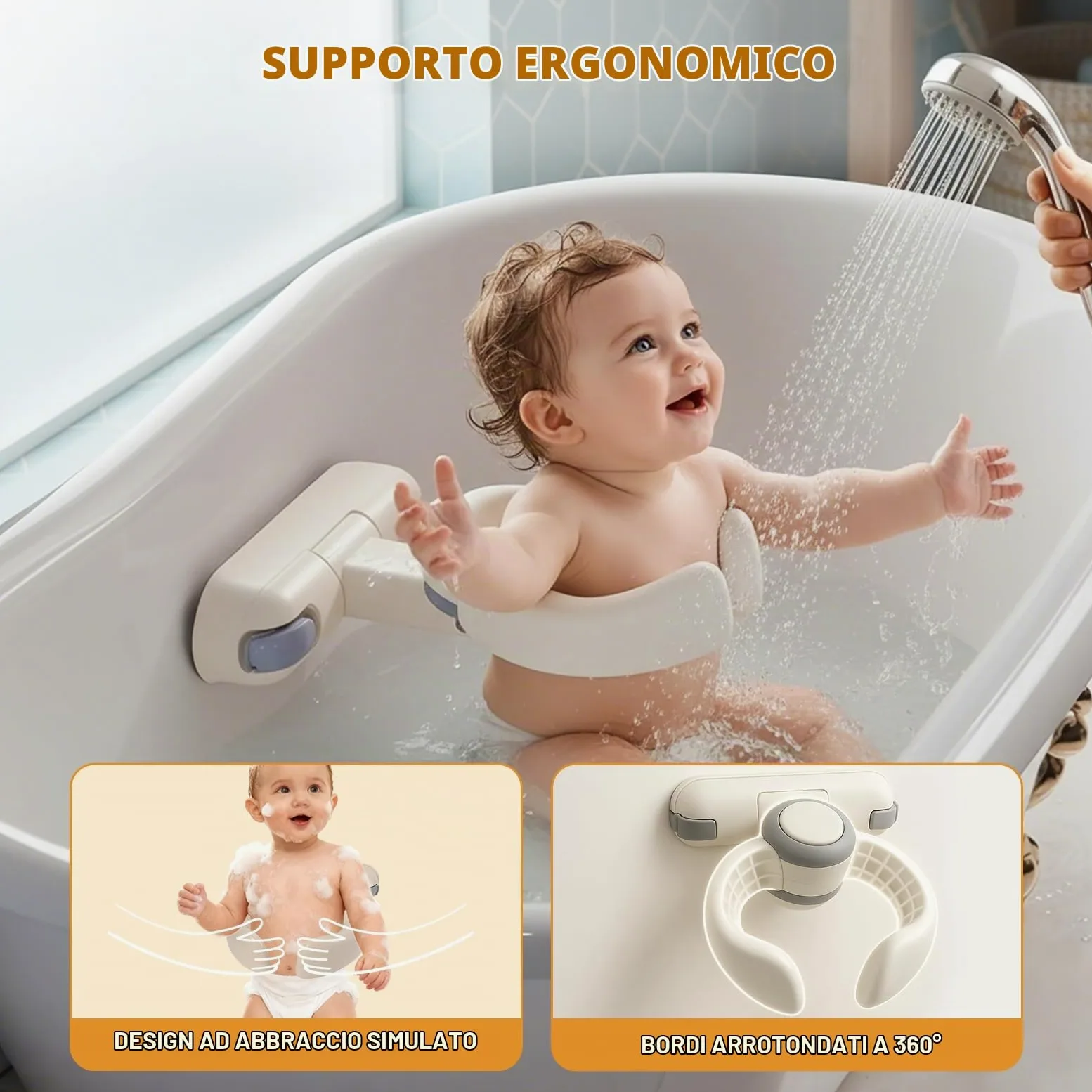 Supporto Doccia Neonati | Altezza Reg. 26-35cm | Antiscivolo Maniglia Sicurezza | Pieghevole Senza BPA | 6-36 Mesi