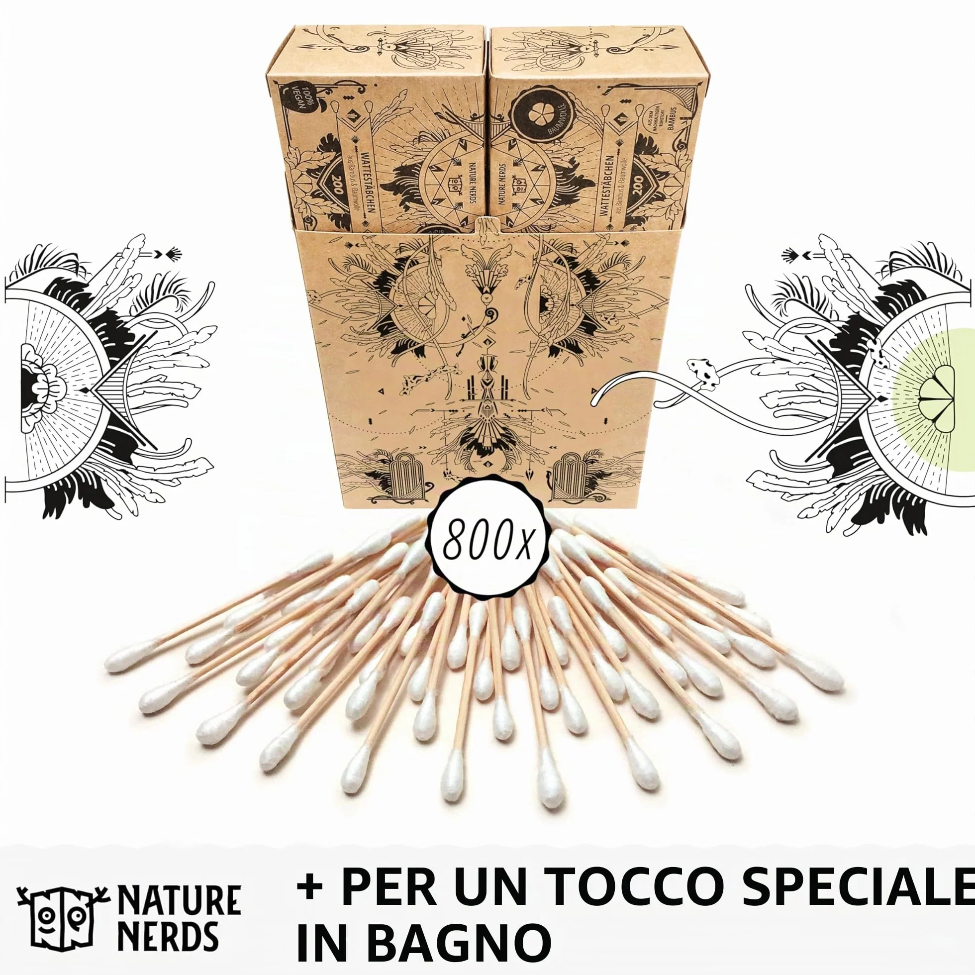 Nature Nerds - Cotton fioc (800 pezzi) in bambù e cotone, senza plastica, Q-Tips