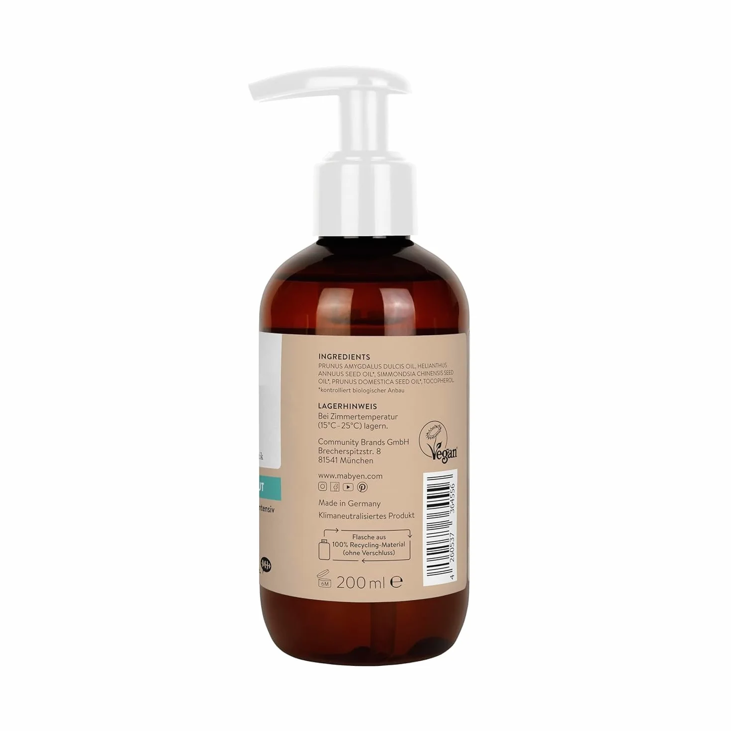 MABYEN Olio di Mandorle Bio per Bambini 200 ml – Vegano, Senza Profumo, Cosmesi Naturale – Per la cura del neonato e come olio da massaggio – Con pratico dosatore