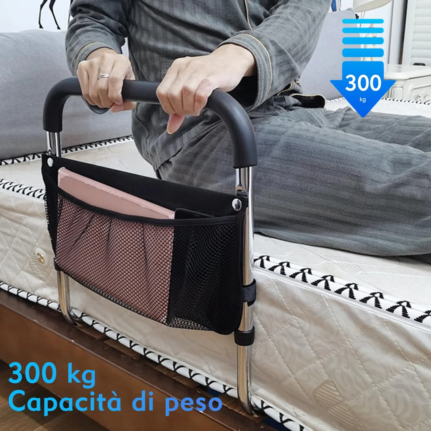 supregear Sponde Letto Anziani, Sbarra Letto Lega di Alluminio Portatile Barriera Letto Regolabili in Altezza per Anziani e Disabili Gravidanza con Stoccaggio Sacchetto e Fissaggio Cinghia
