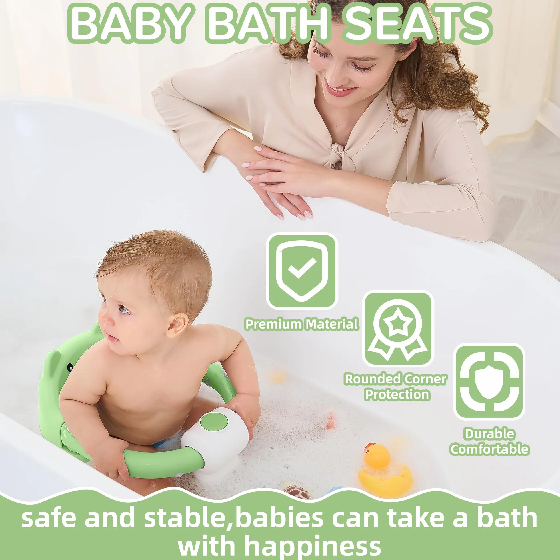 Seggiolino per Vasca da Bagno per Bambini a Partire da 6 Mesi, Seggiolino da Bagno Antiscivolo con 4 Ventose e Cuscino per Neonati, Sedia per Doccia Portatile per Doccia o Vasca da Bagno, Verde