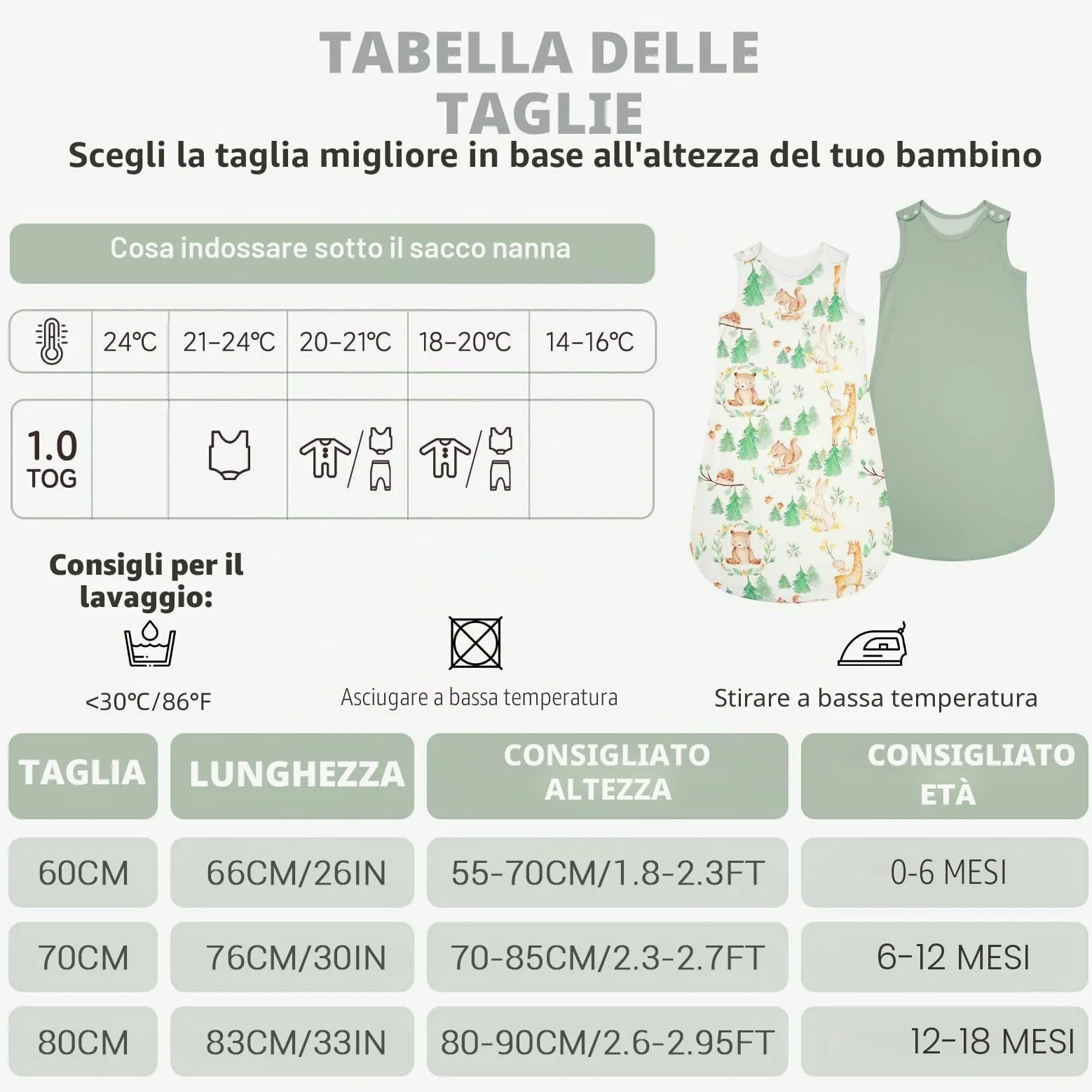 WYTbaby Sacco nanna per bambini 1 Tog, 100% cotone, sacco nanna per tutto l'anno