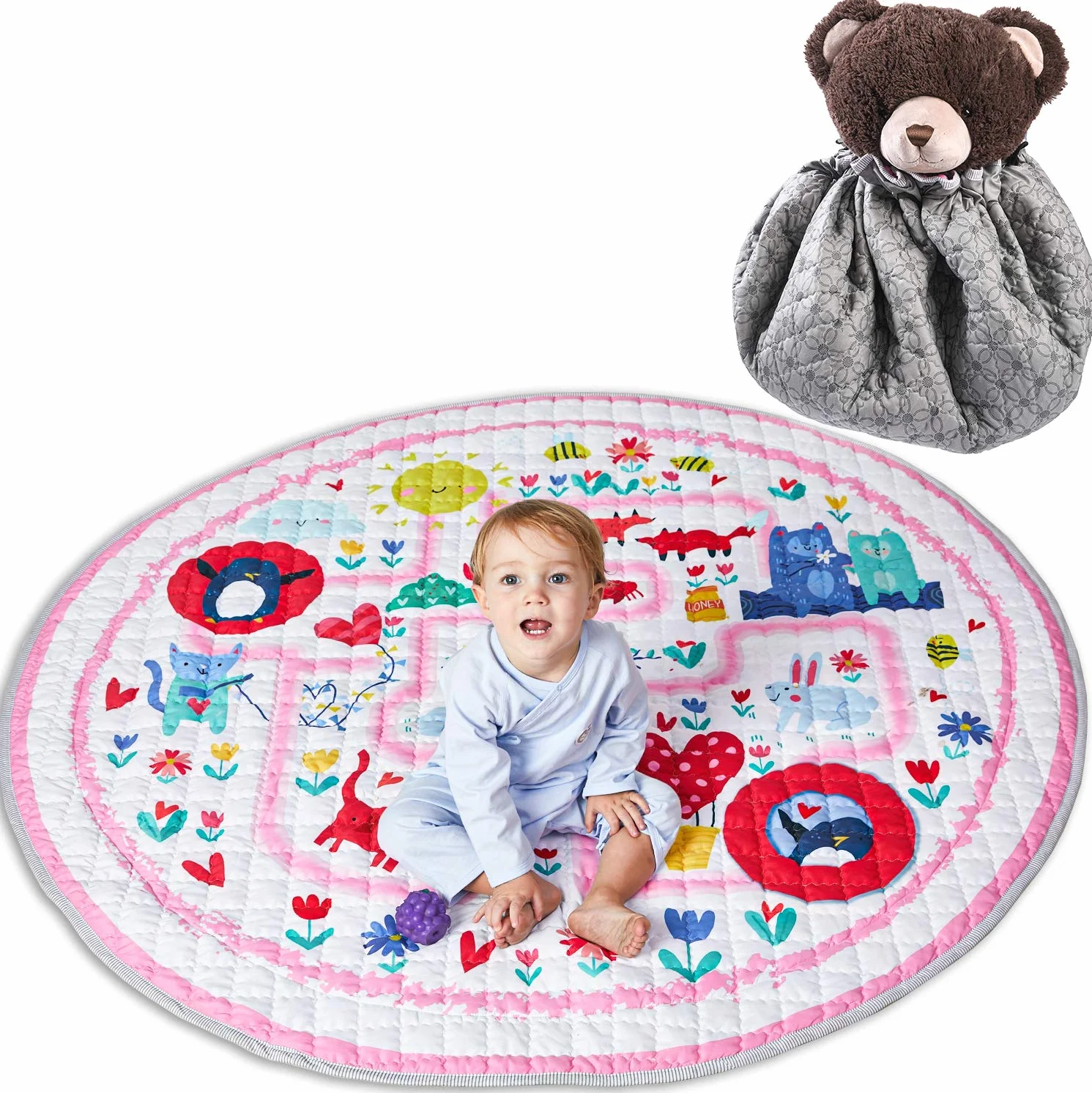 Winthome Borsa per Giocattoli, 2-in-1 Sacco Portagiochi 150cm Grande Capacità Tappeto Bambini, Addensare Antiscivolo Tappeto Bambini, Ideale per un Veloce la Raccolta Giocattolo(Rosa)