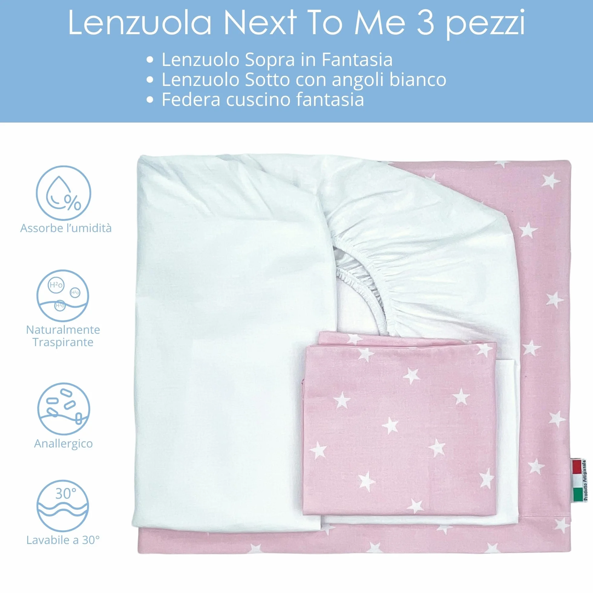 baby idea Lenzuola Next To Me 3 Pezzi Compatibili Culla Neonato 83x50 Lenzuola culla Fantasia + Sotto con Angoli + Federa Cuscino 100% Cotone Certificato Oeko Tex Made in Italy (Stellina Rosa 3 Pz)