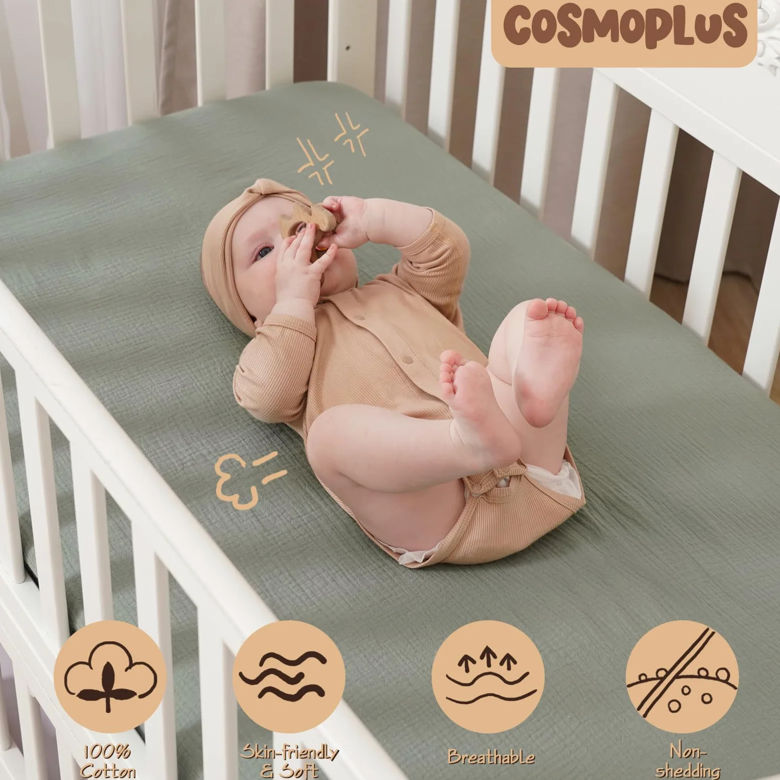 COSMOPLUS - Lenzuola in mussola per culla, unisex, neutre, confezione da 2 pezzi, lenzuolo con angoli per culla standard e materasso per lettino per bambini, cotone biologico, verde ardesia e grigio