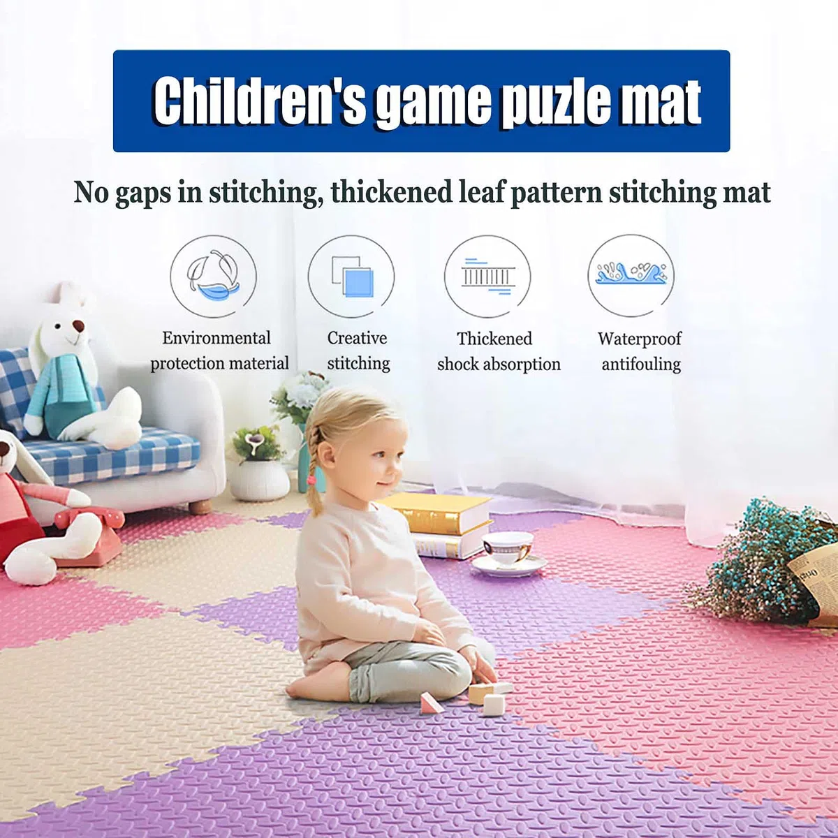 Tappetino da Puzzle Gioco per Bambini Schiuma, Tappetino ad Incastro Schiuma Morbida Eva Spessa 2,5 cm con Bordi per Soggiorno Giardino Esercizio Yoga,White+Aqua Green+Blue,32