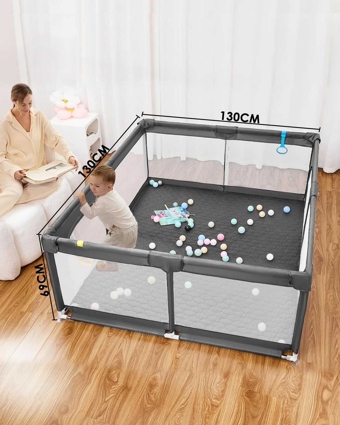 Box per bambini con tappetino morbido, extra large, area giochi sicura per interni ed esterni, con base antiscivolo, facile da montare e riporre, senza BPA (130 x 130 x 66 cm, grigio)