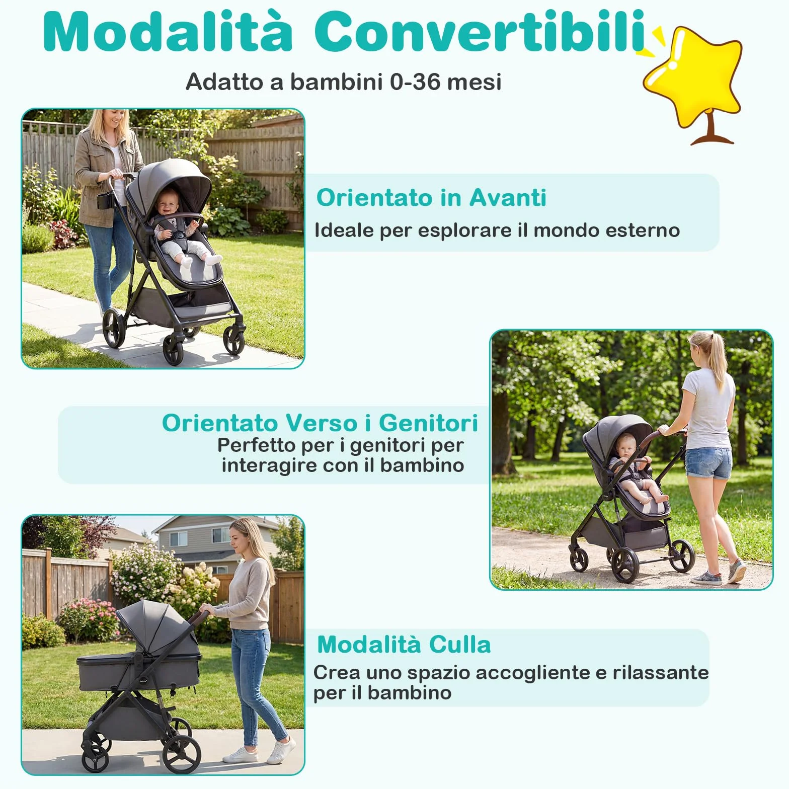 COSTWAY 2 in 1 Passeggino Leggero Pieghevole per Bambini, con Schienale Regolabile, Sedile Reversibile, Tettuccio, Cestello Portaoeggetti, per Neonati per 0-36 Mesi (Grigio)