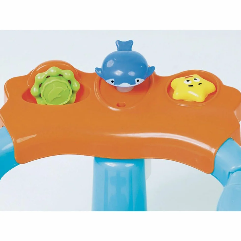 Foppapedretti Seggiolino Da Bagno Tuffetto ,30x38.5x24.5 cm, per Bambini fino a 13 Kg, Dotato di davanzalino con giochini e pompetta spruzza acqua, Bracciolo di protezione, Arancio Azzurro