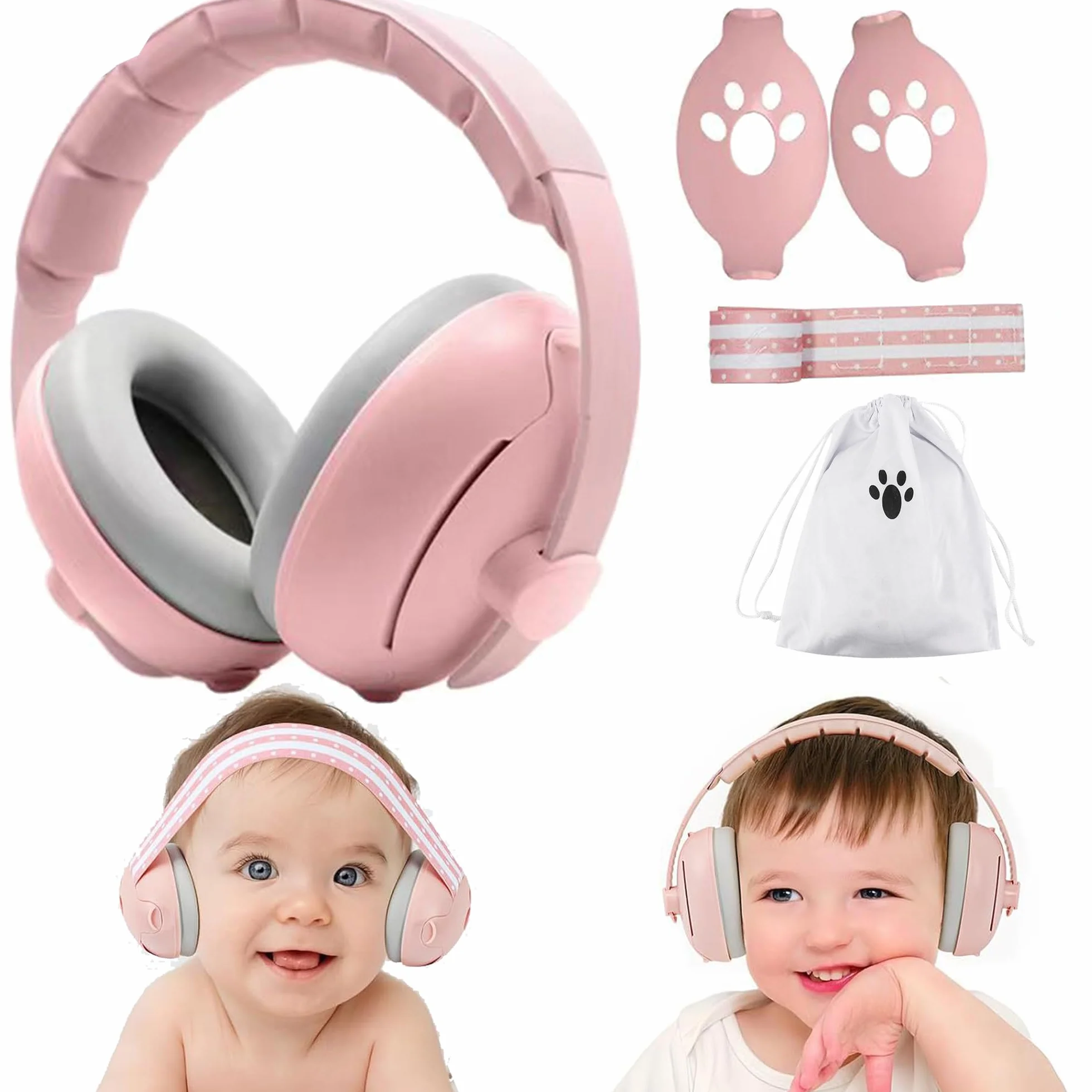 2 in 1 Cuffie Neonato Antirumore, 25db Caschi Antirumore Per Bambini-Cuffie Antirumore Per Bambini 0-4 Anni, Protettori Acustici Per Neonati, Antiscivolo E Antistress, Rosa