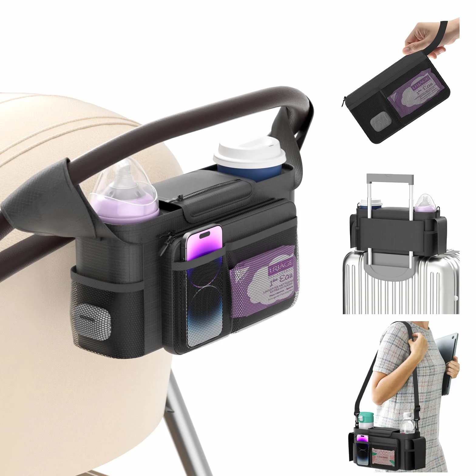 KDD Borsa Passeggino con Portabicchieri Isolato, Borsa per Passeggino con Tasca da Polso e Tracolla Staccabili, Organizer per Passeggino Universale, Borsa Carrozzina Neonato per Uppababy, Doona, Nuna
