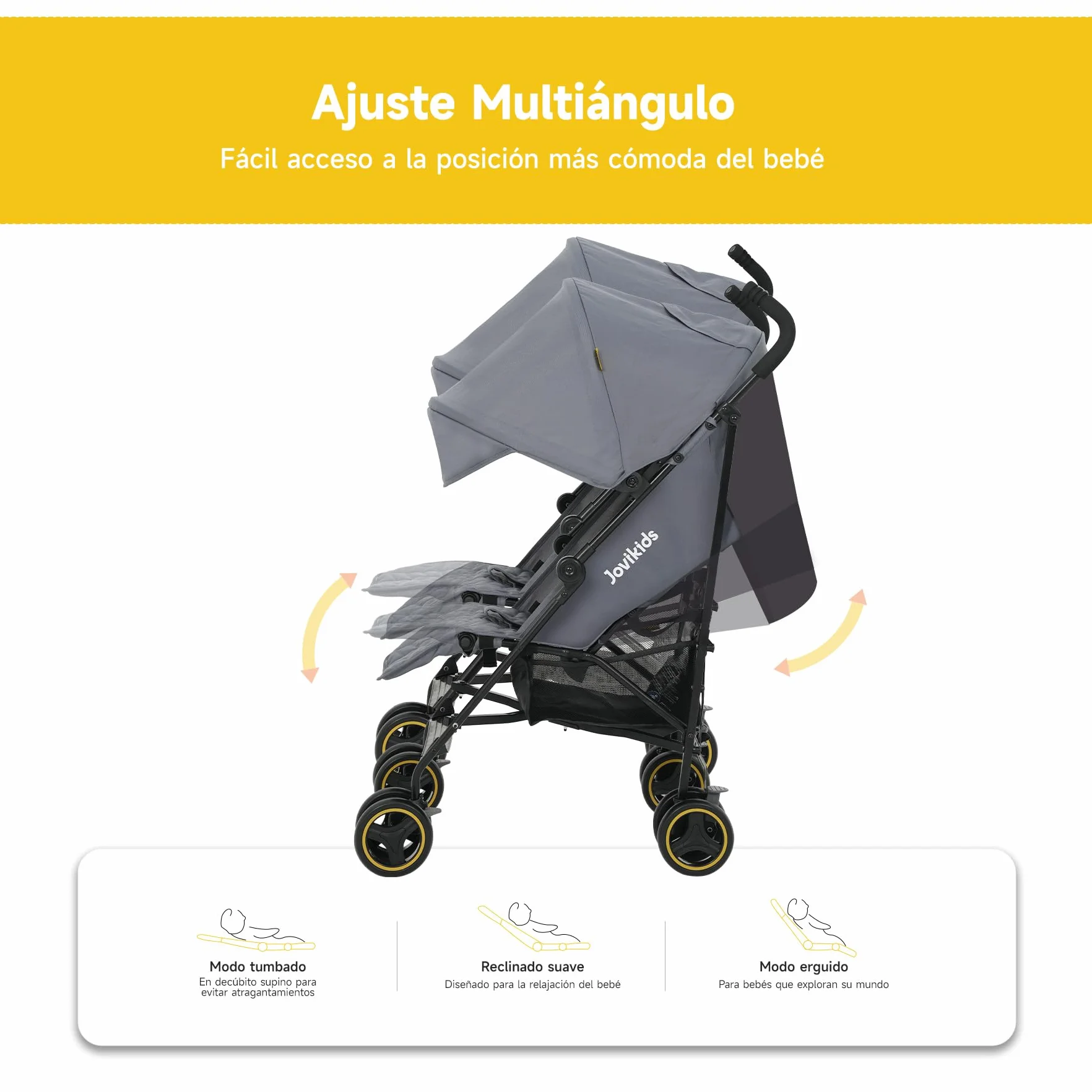 Jovikids Passeggino Gemellare Leggero per Bambini 0-36 Mesi, Doppio Passeggino per Gemelli/Fratelli fino a 15 kg, Cappottina Estesa, 5 Punti di Sicurezza, 2 Grandi Cestini (Grigio)