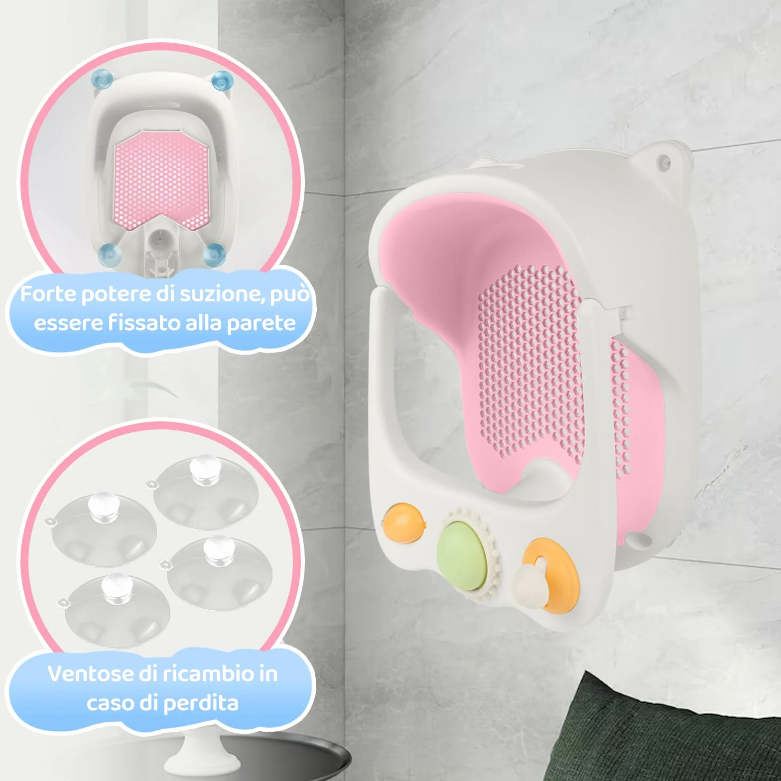 Aragallant Seggiolino da Bagno per Bambini 6 mesi+, Seggiolino Antiscivolo per Vasca da Bagno, Sedia da Bagno con Giocattoli, Seggiolino per Doccia Bambini con Ventose (Rosa)