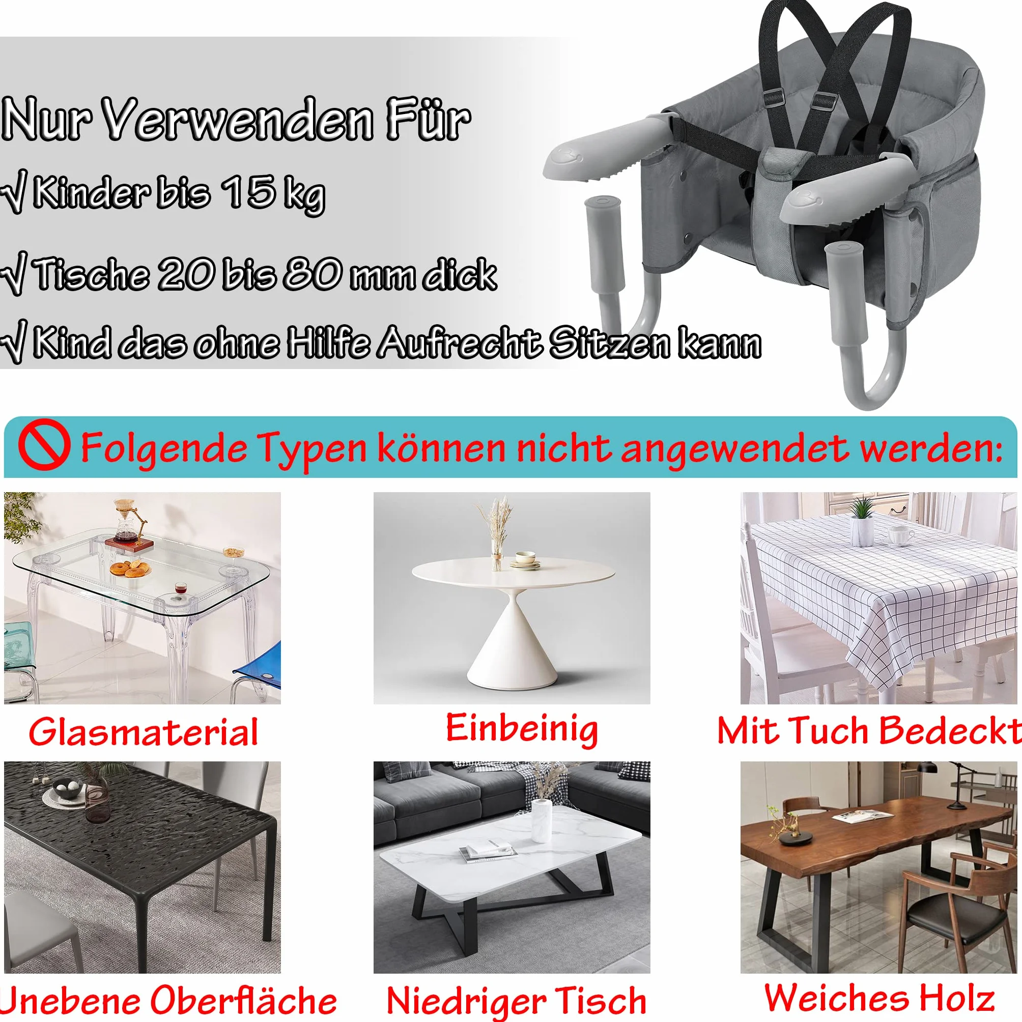 LZQ Seggiolino da tavolo per bambini da 6 a 36 mesi, pieghevole, per tavoli da 2 a 8 cm di spessore (grigio)