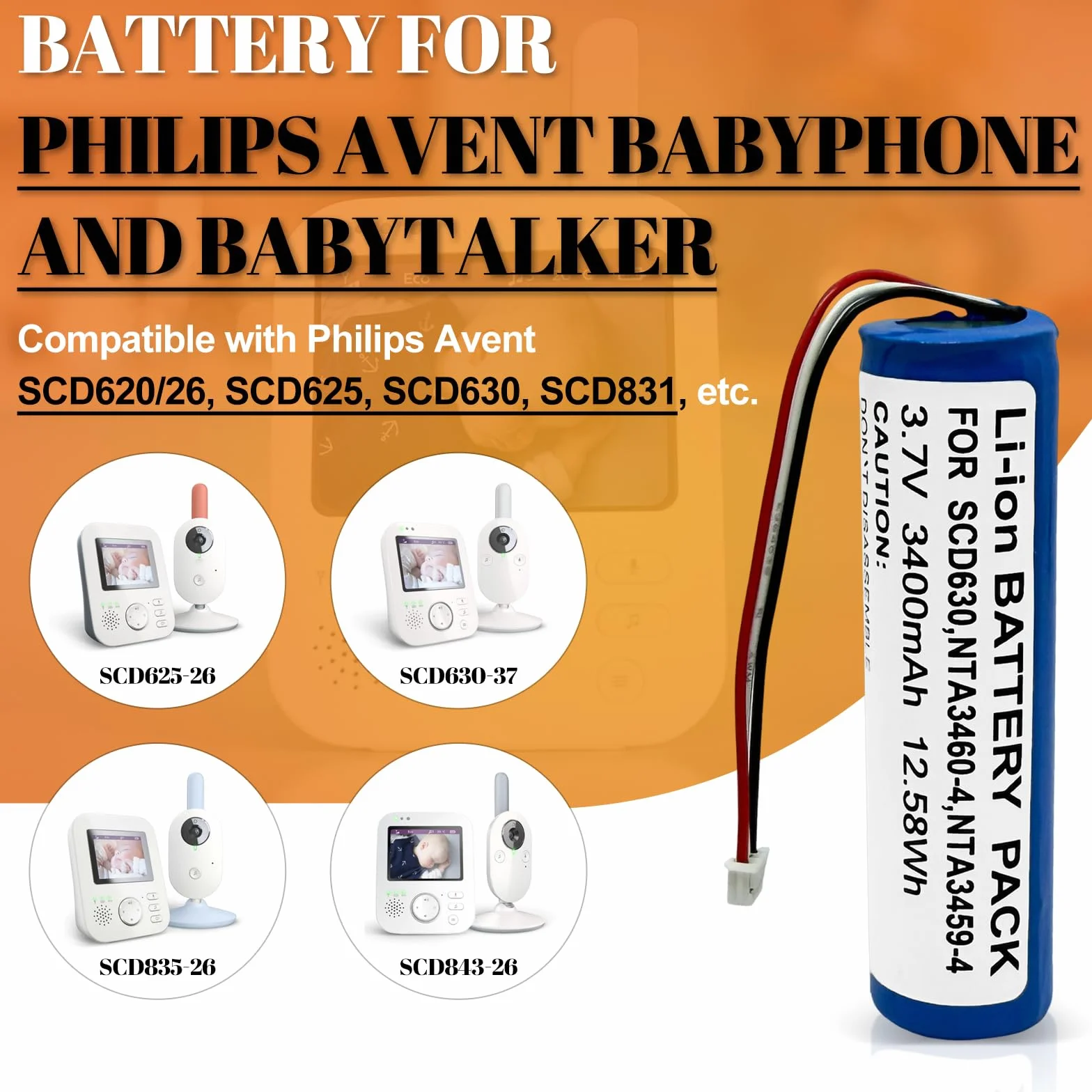 Batteria compatibile con Philips Avent Babyphone SCD620, SCD625, SCD630, SCD831, SCD833, SCD835, SCD841, SCD843, SCD845, ecc. Sostituisce i modelli Philips: NTA3460-4, NTA3459-4, 1S1PBL18686866. 5-2.6