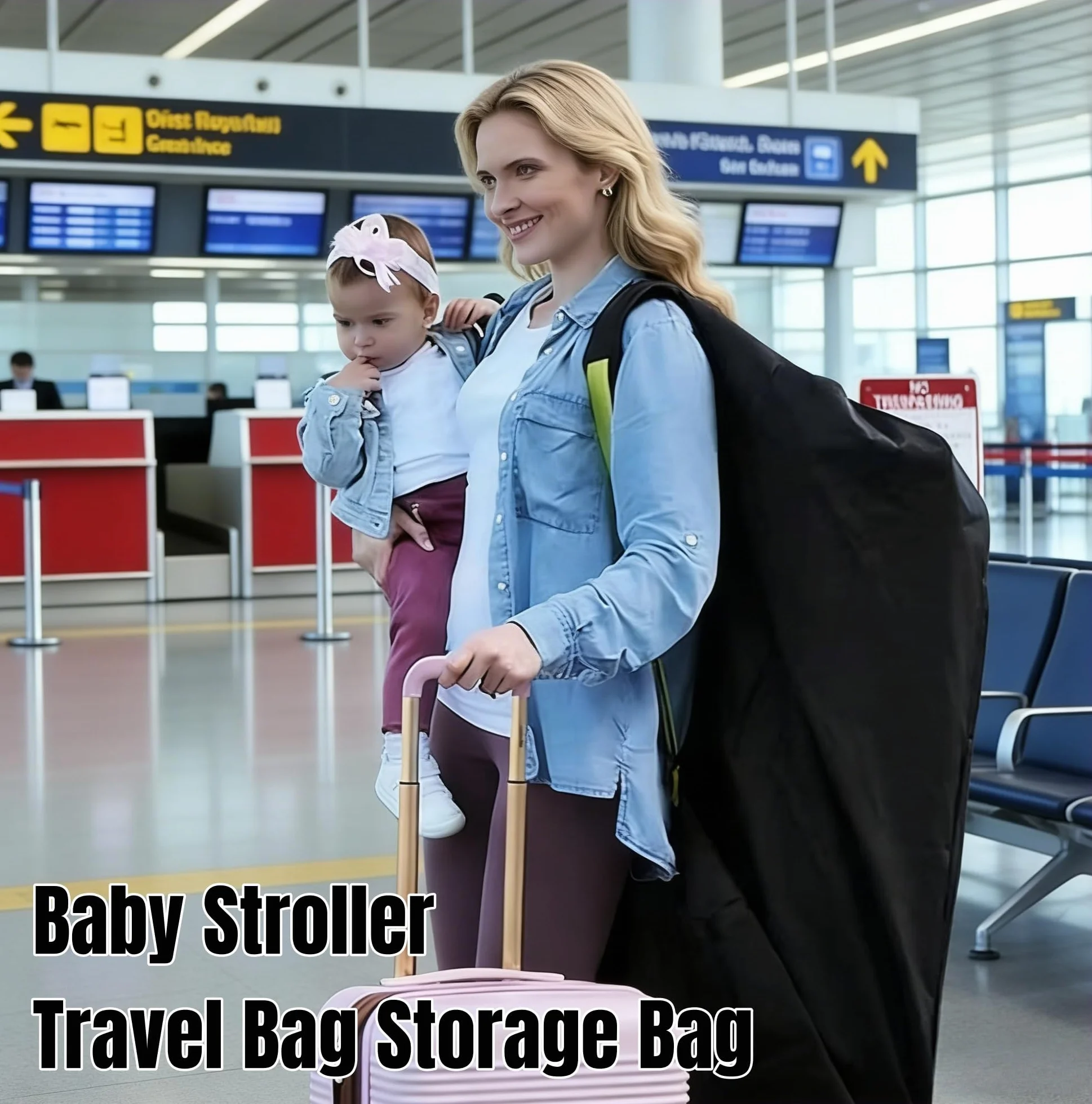 Borsa per il trasporto passeggino, aereo, 120 x 63 x 43 cm, impermeabile Oxford, multifunzionale, per viaggi in aereo e tutti i giorni, con cinghie imbottite (nero)