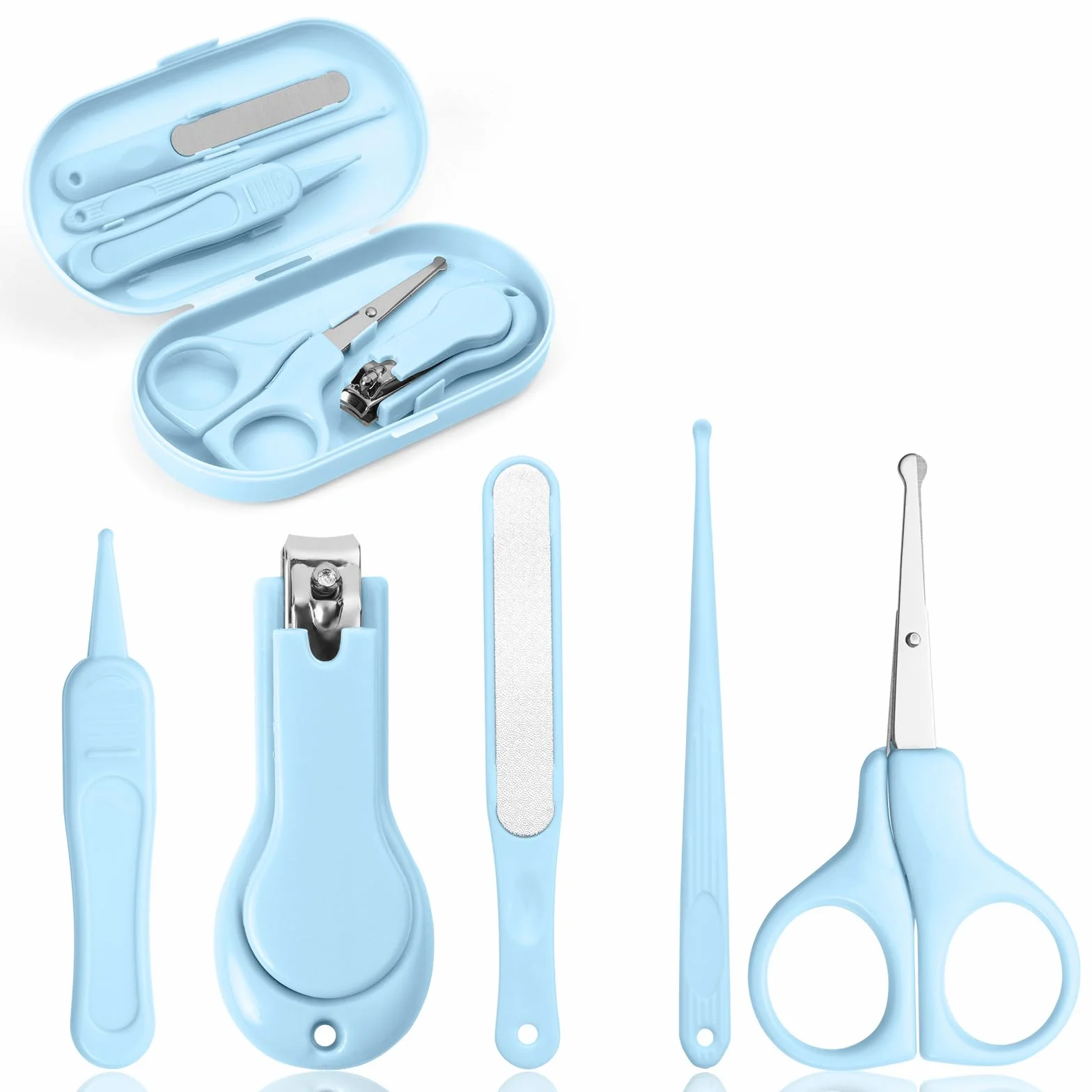 Vicloon Set Manicure Neonati, 5Pcs Forbici per Unghie Bambini, Strumenti Infermieristici Kit per la Cura del Bambino con Forbicine, Tagliaunghie, Lima e Pinzetta per Baby in Custodia (Blu)