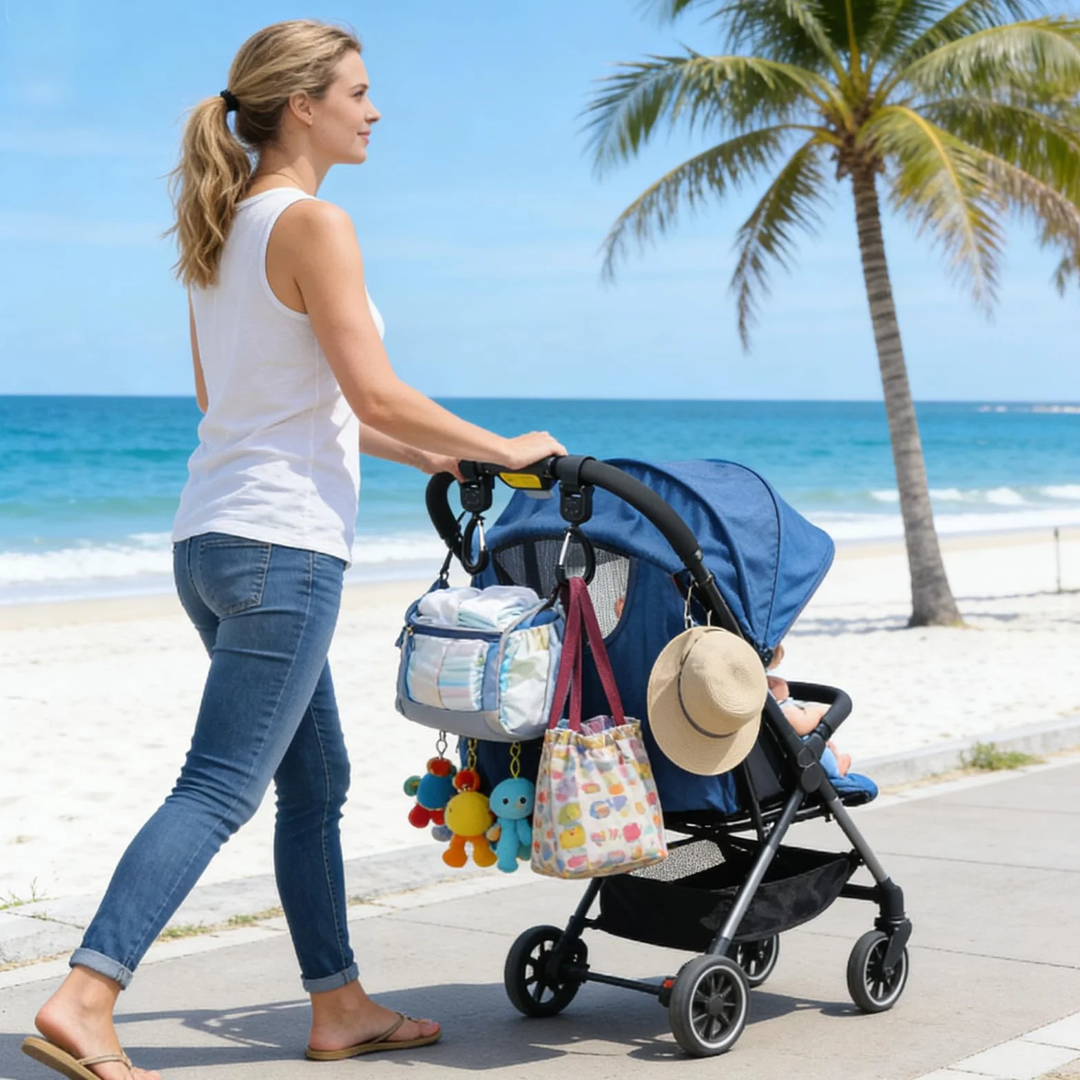 Set 2 Ganci Universali Per Passeggino In Nero Con Motivo Orsetto, Ganci Per Borsa Passeggino, Pratici Per Appendere Borse E Organizer, Accessorio Carino E Funzionale.