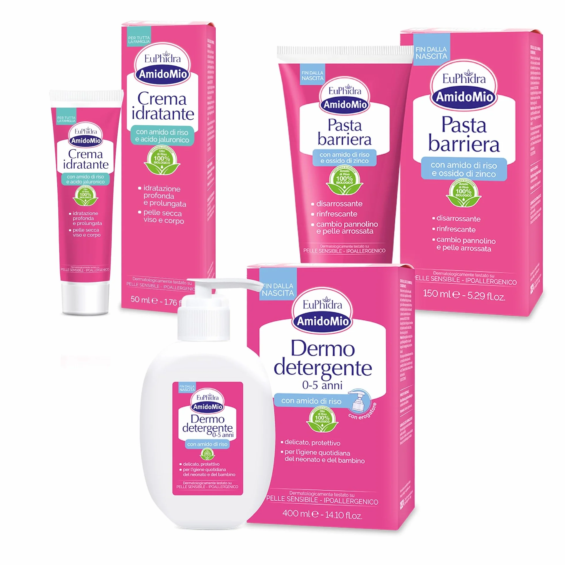 Euphidra - Kit Idratazione e Protezione Baby, con Pasta Barriera, Crema Idratante e Dermo Detergente, a Base di Amido di Riso e Acido Ialuronico, Lenitivo e Delicato per la Pelle dei Neonati