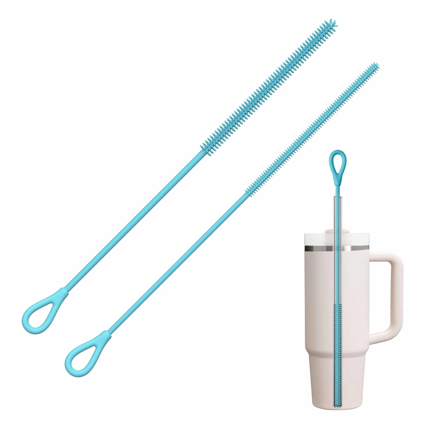 Spazzola Cannucce Silicone, 2Pezzi Scovolino per Cannucce Riutilizzabile per Vetro Metallo Frullati Cannucce e Tazze Cannuccia, Impugnatura Antiscivolo Morbida e Pieghevole, 6mm+9mm, Blu
