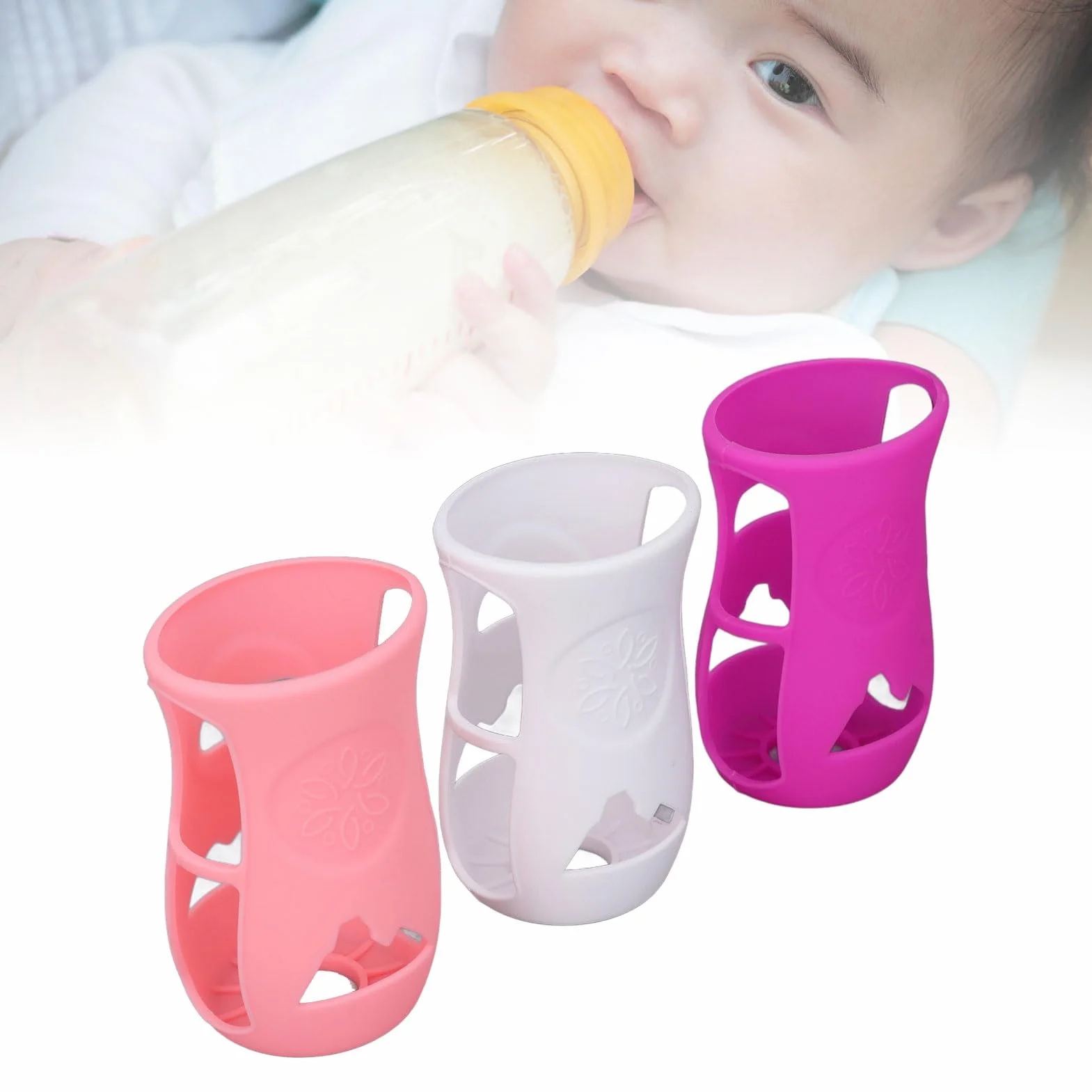 Custodia in Silicone per Biberon da 240 Ml Custodia Morbida in Silicone Infrangibile per Biberon in Vetro da 8 Once con Isolamento e Protezione Lavabile in (Bianco+Rosa+Viola)