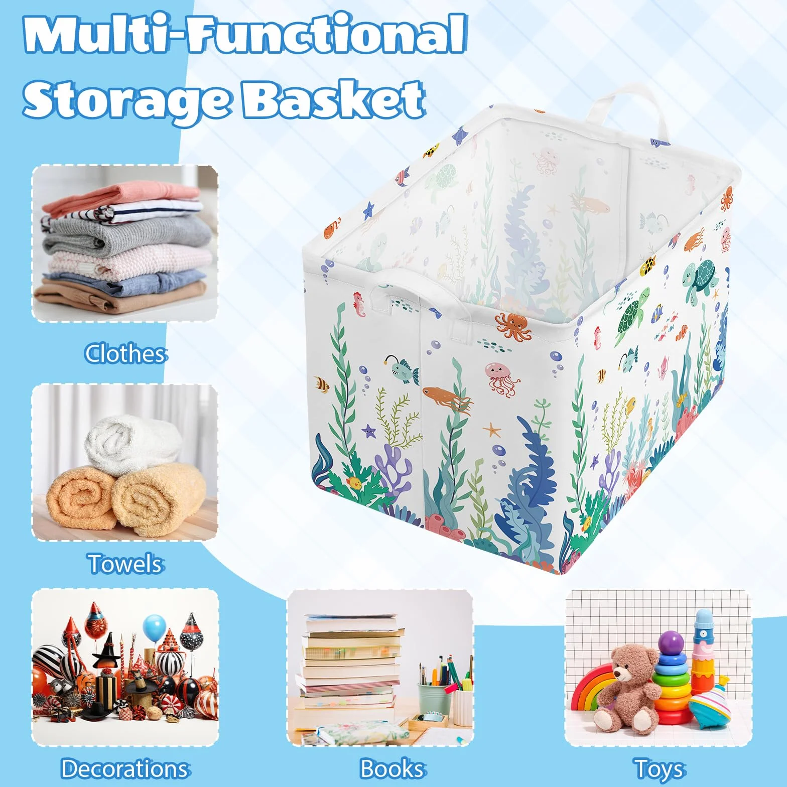 Grande Cesta Portaoggetti con Manico, Impermeabile, Rettangolare, per Vestiti e Giocattoli, Cesta Portaoggetti per Bambini Ragazze e Ragazzi, 40x30x30 cm(Mondo Sottomarino)