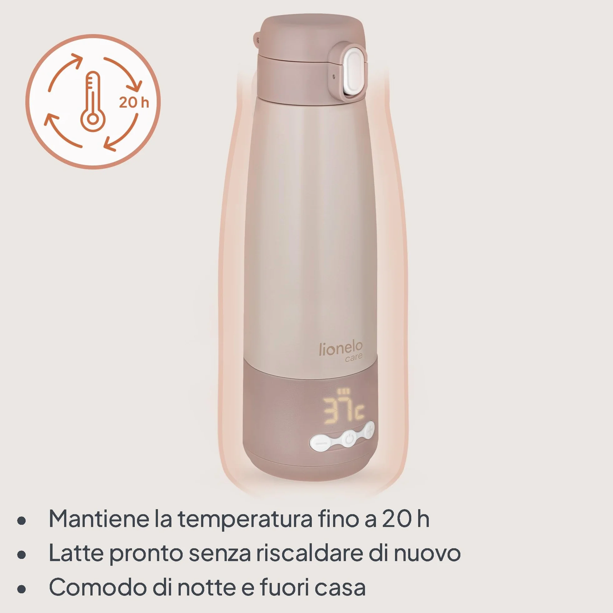 Lionelo THERMUP BOTTLE Scaldalatte Portatile Senza Fili, Compatto 350 ml, Riscalda Latte o Acqua in 3,5 Min, Controllo Temperatura 37-55°C a 5 Livelli, Termos per Latte fino a 20 h, Display