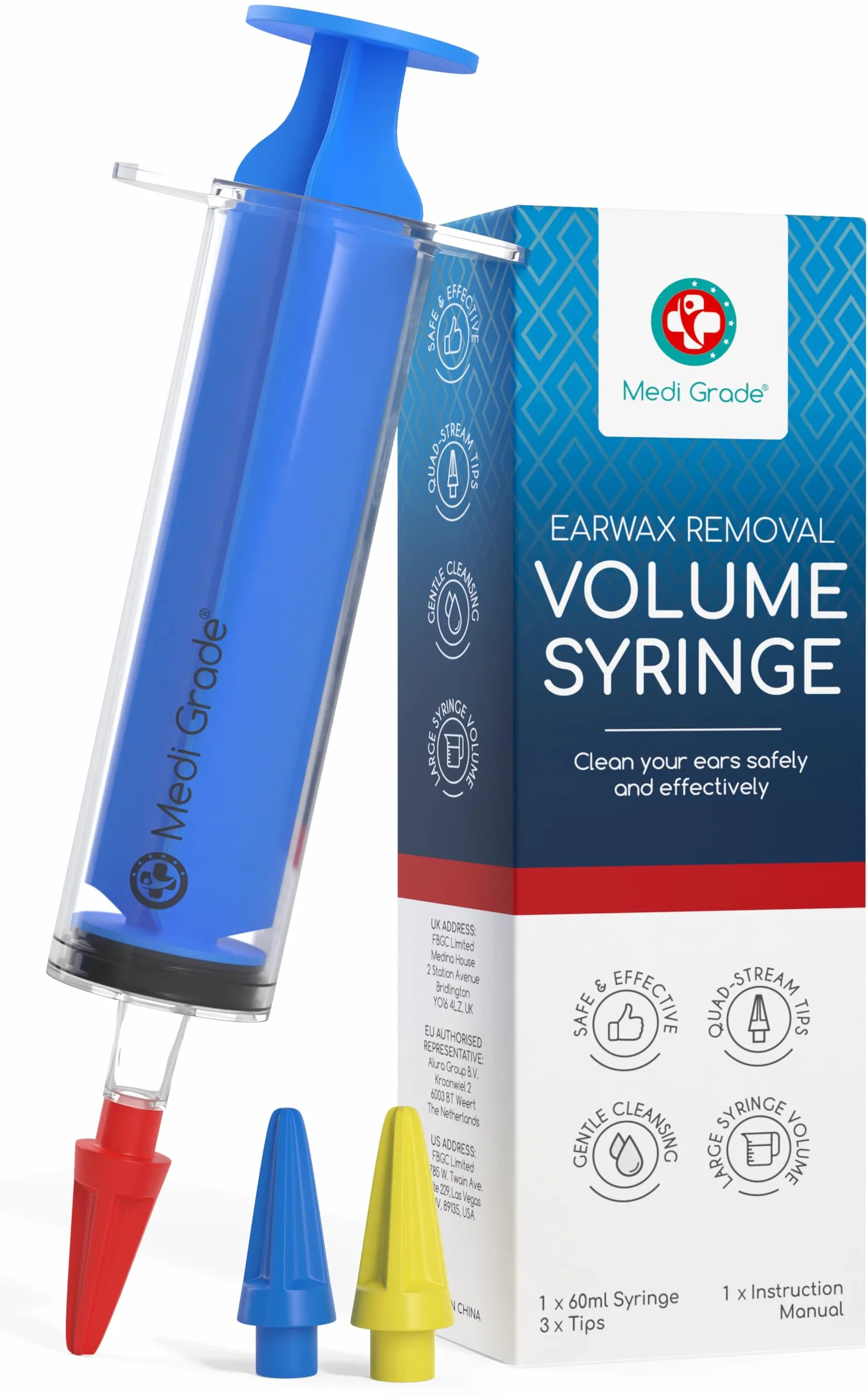 Kit Pulisci Orecchie – Pulizia Orecchie e Rimozione Cerume by Medi Grade – Kit per Pulire Orecchie con Siringa Orecchie da 60 ml con 3 Punte Quad-Stream