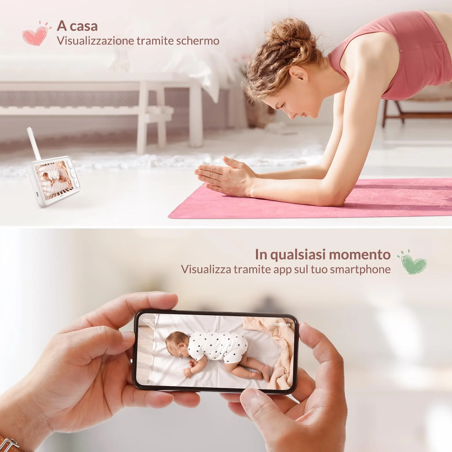 NETVUE Baby Monitor Video e Audio, Telecamera Bambini con Supporto 4 in 1, Controllo da HD 5" LCD Monitor e App Mobile, 3 Modalità di Rilevamento Intelligenti, Audio Bidirezionale, Visione Notturna