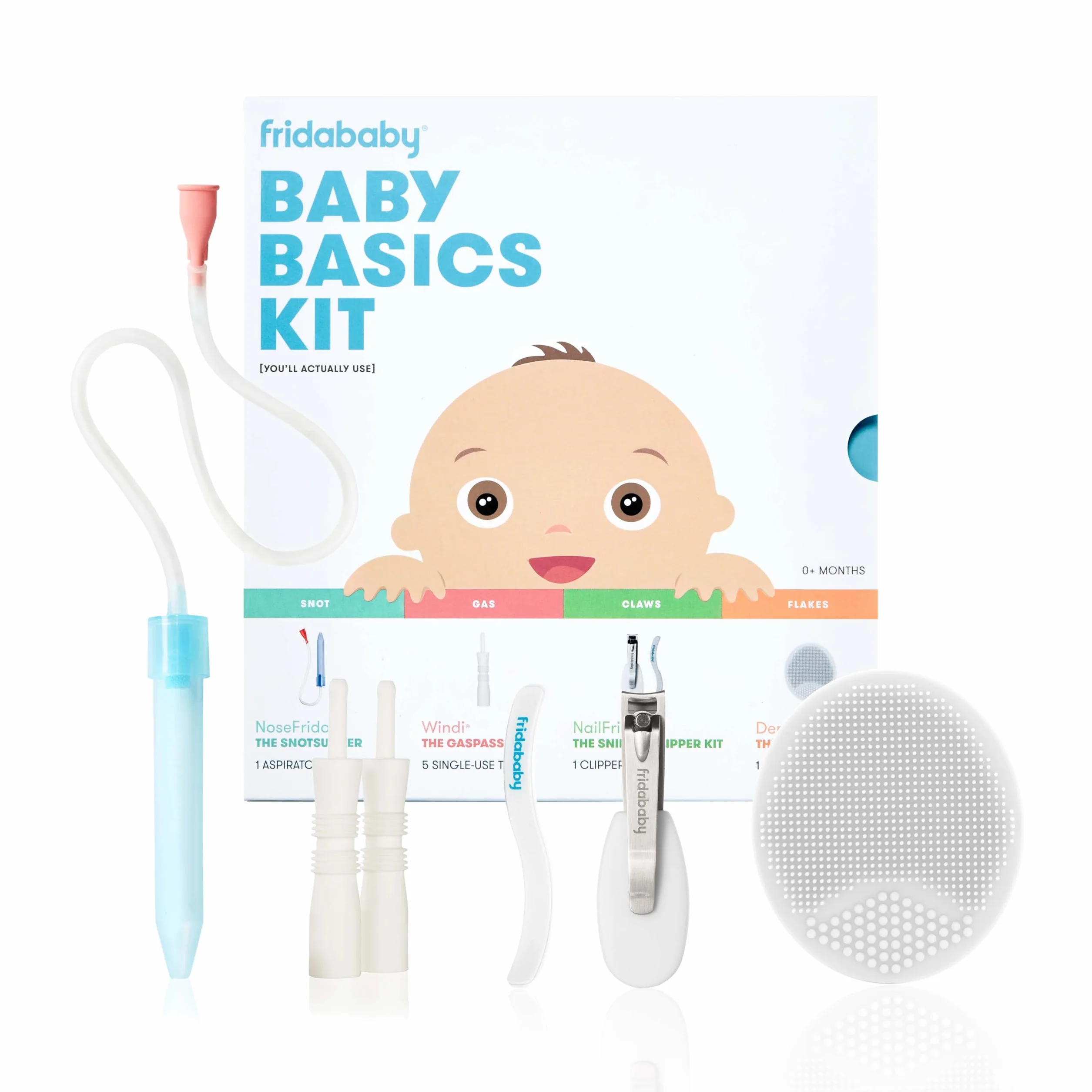Baby Basics Kit di Frida Baby | Include NoseFrida, NailFrida, Windi, DermaFrida + custodia in silicone