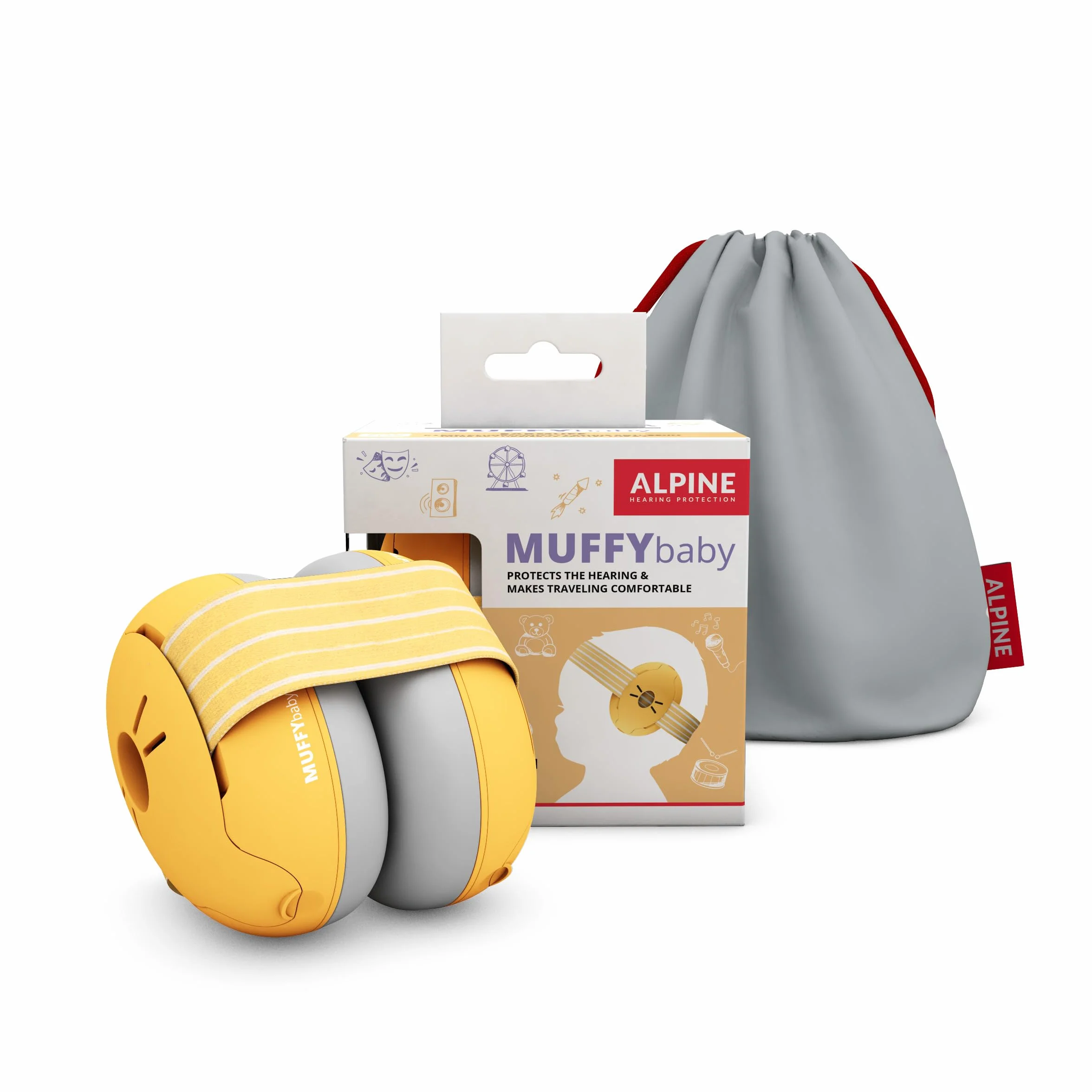 Alpine Muffy Baby - Cuffie antirumore per neonati e bambini piccoli fino a 36 mesi - Protettori acustici per neonati - Previene i danni dell’udito - Migliora il sonno in viaggio - Giallo