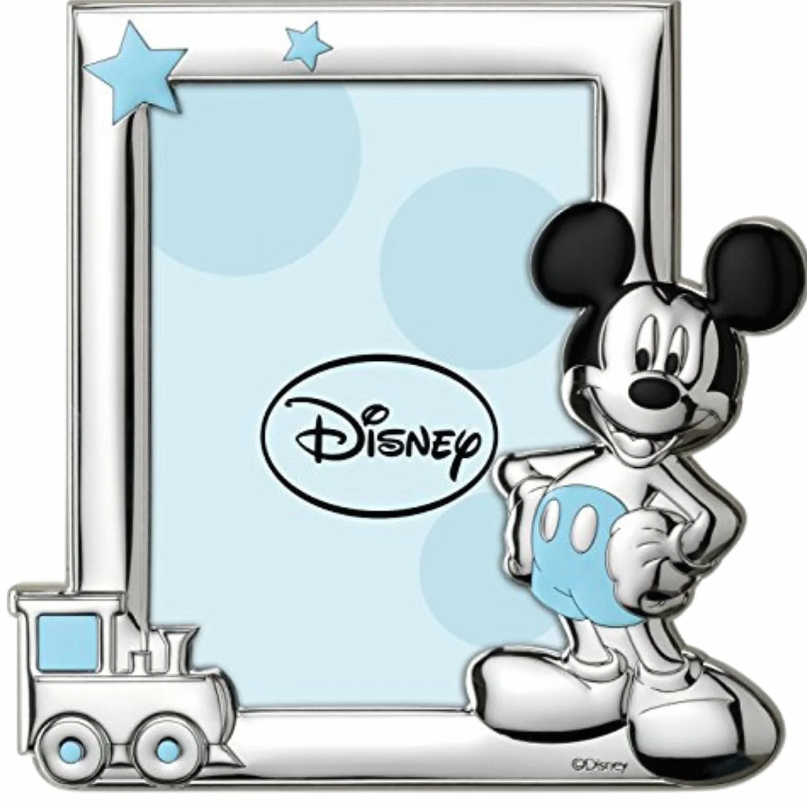 VALENTI & CO. D102 4LC, Disney Baby - Topolino Mickey Mouse - Cornice per Foto in Argento da Tavolo o Comodino per la Cameretta del Bambino perfetta come Idea Regalo Battesimo o Compleanno, azzurro