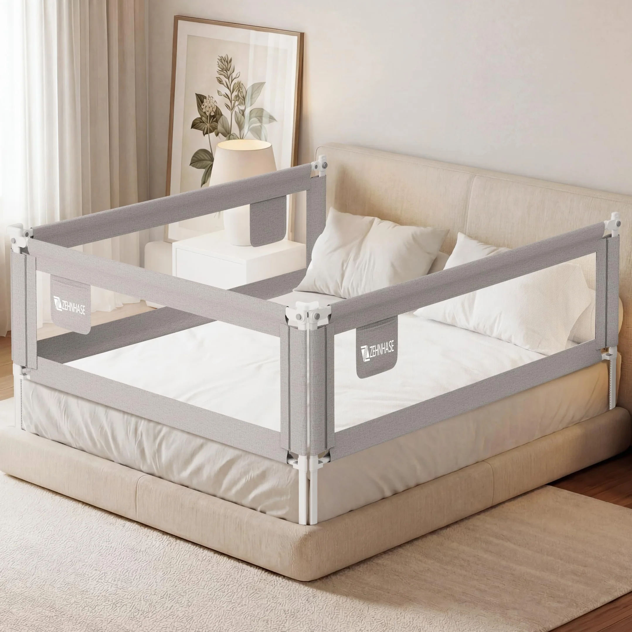 Sponda letto bambini extra alta e traspirante, barriera per letto con sollevamento verticale, blocco di sicurezza, tasca e facile montaggio (190cm, grigio, 1lato)