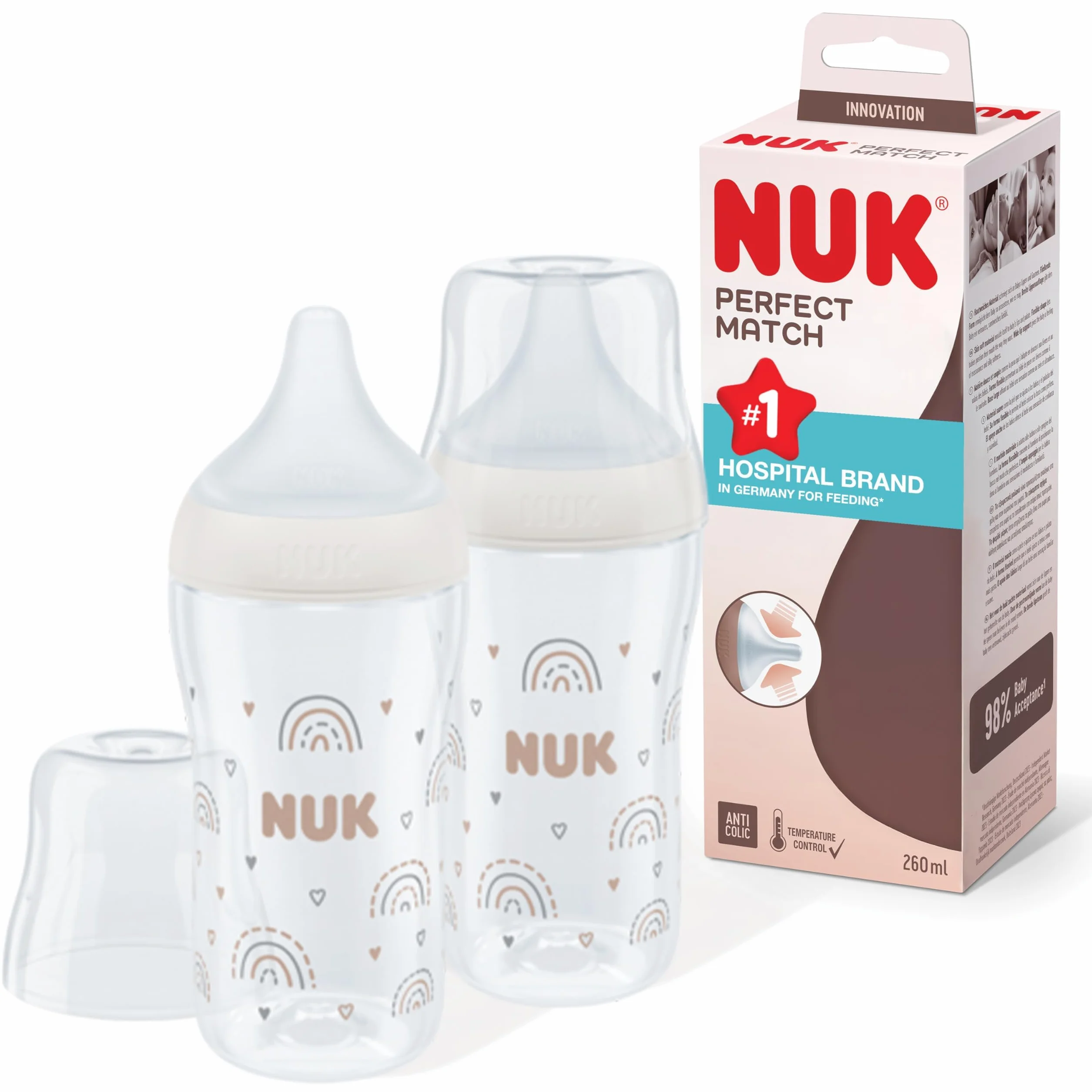 NUK Set biberon Perfect Match | 3+ mesi | Si adatta al palato del bambino | Controllo della temperatura | Sfiato anti-colica | 260 ml | Senza BPA | Tettarella media in silicone | Arcobaleno | 2 pezzi