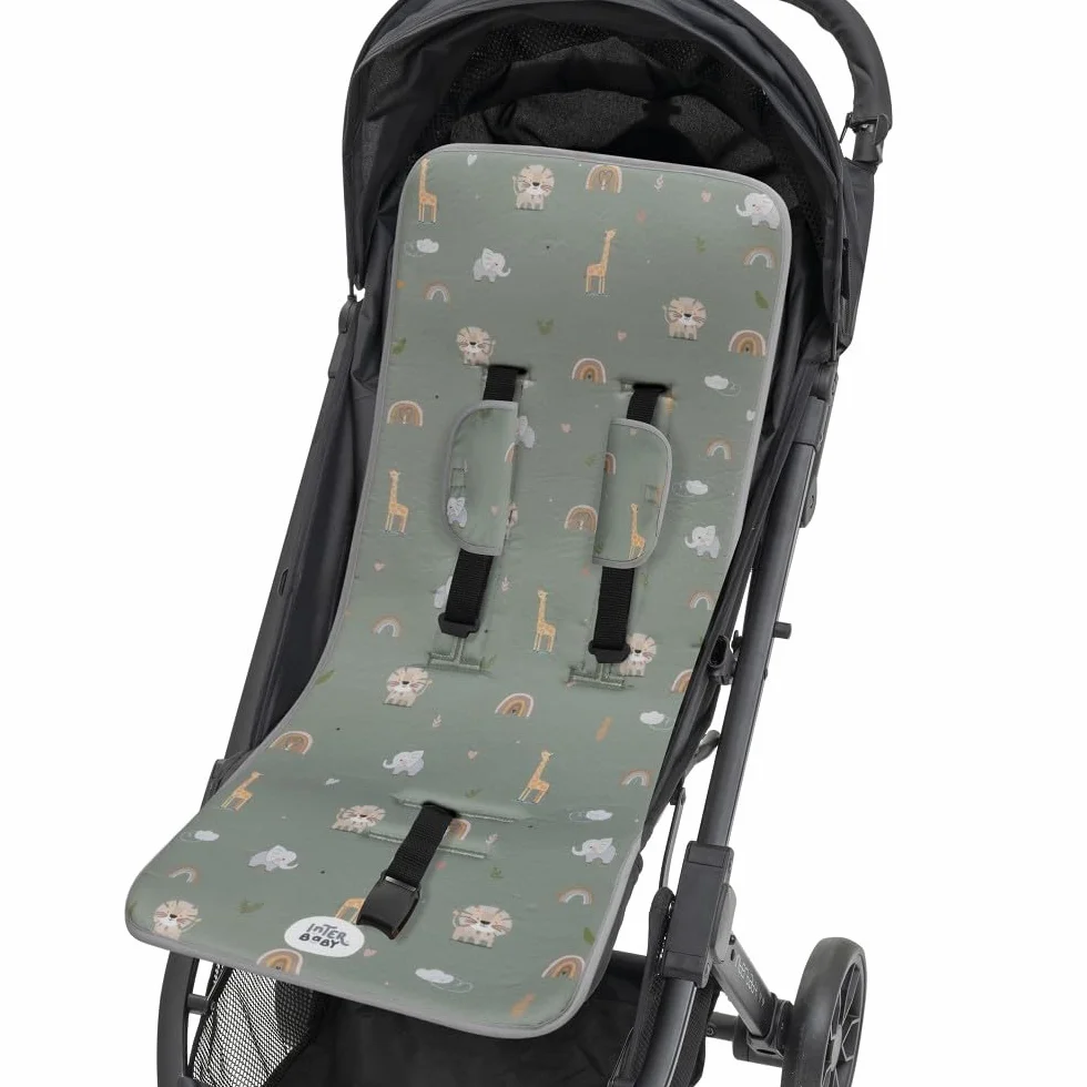 Interbaby Materassino per passeggino universale per estate | Safari verde | traspirante e confortevole | copertura per passeggino 100% cotone, 84 x 34 cm, protezioni per imbracatura