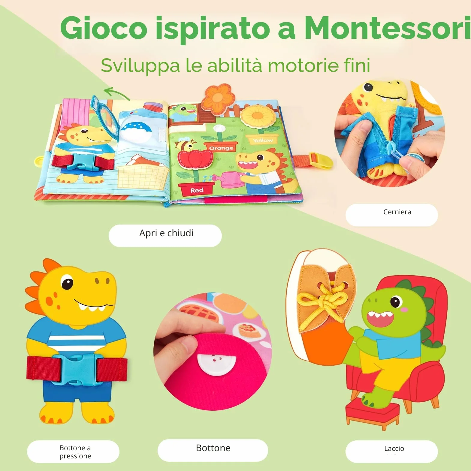 hahaland Libro Montessori 1-3 anni, Giochi Bambini 1 anno Libri Morbidi con Dinosauro di Peluche, Busy Book Educativo Regalo Montessori per Bambino 1 2 3 anni