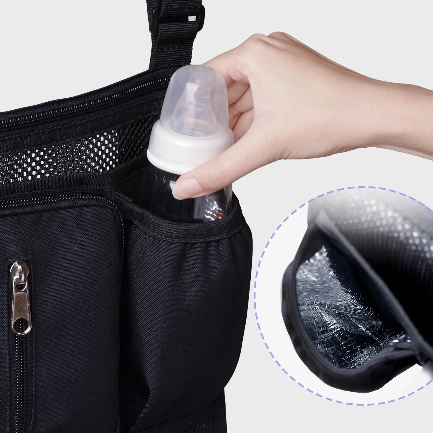 SUNVENO Organizer universale 2 in 1 per passeggino, portabicchieri isolati, tasca per telefono/polso con cerniera, tracolla laterale in rete, cinghie antiscivolo regolabili, si adatta alla maggior