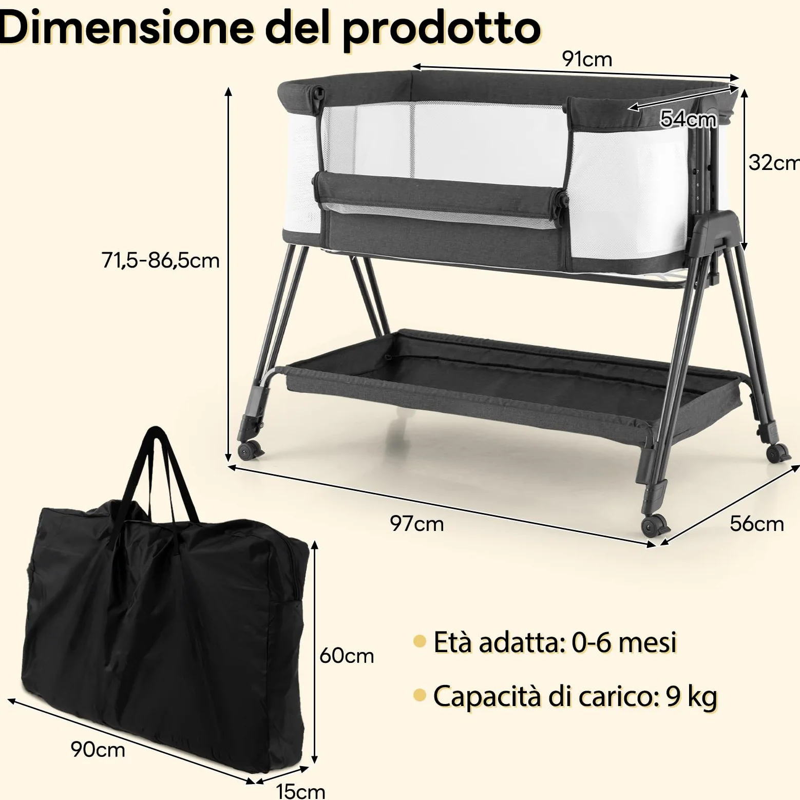 RELAX4LIFE Culla Neonato Fianco Letto, Culla da Campeggio con Materasso e Cinghia Fissaggio, Regolabile In Altezza 7 Posizioni, Borsa di Trasporto, per Bambini 0-6 Mesi (1, Nero)