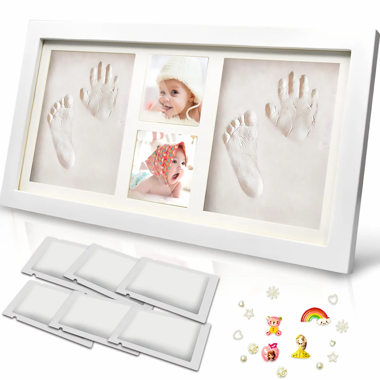 Kit con Cornice in Legno Per Impronte di Neonati, per Piedi e Mani, con 6 confezioni di Cornici in Argilla, regalo per neonata femmina e regali neonato maschio-Regali Battesimo Bimbo