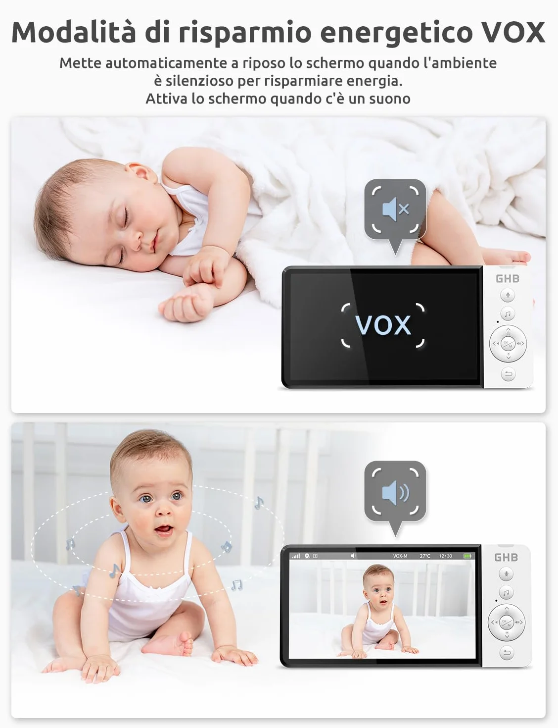 GHB Baby Monitor Video e Audio 5" Telecamera Neonato con Monitor IPS 5000mAh VOX, Visione Notturna, Rilevamento della Temperatura, Ninnananna