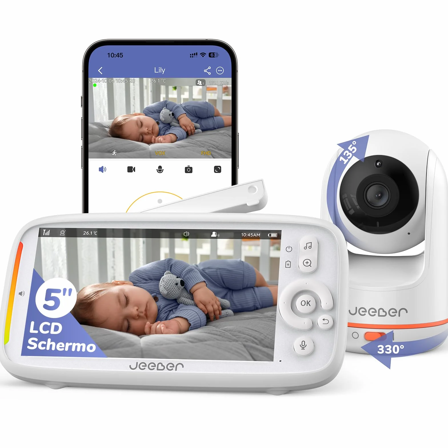 2K 5" Baby Monitor Video, Controllo Tramite Cellulare APP & Monitor, 360° Telecamera Bambini, Visione Notturna, Temperatura, Movimento, Rilevamento Del Pianto, Ninne Nanne, Audio Bidirezionale