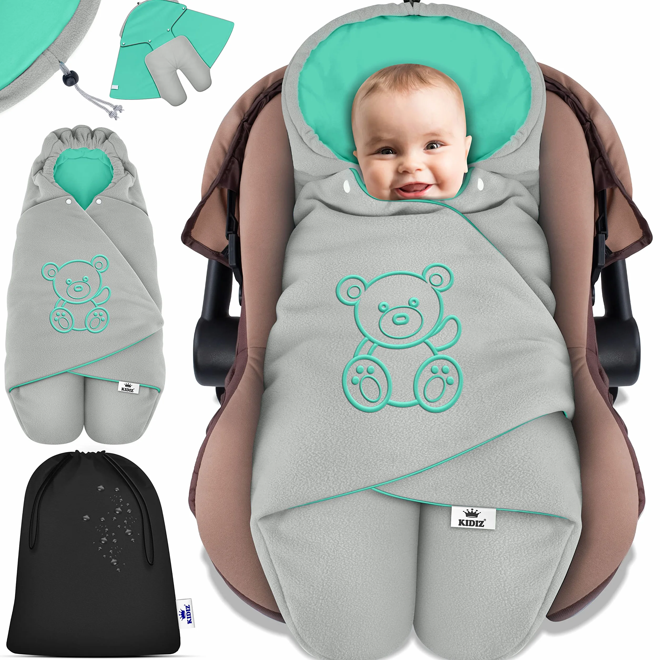 KIDIZ® Coperta invernale con cappuccio + borsa universale per ovetto, seggiolino auto, ad esempio per Maxi-Cosi, Römer per passeggino, passeggino e tutti i sistemi di cinture a 3 e 5 punti