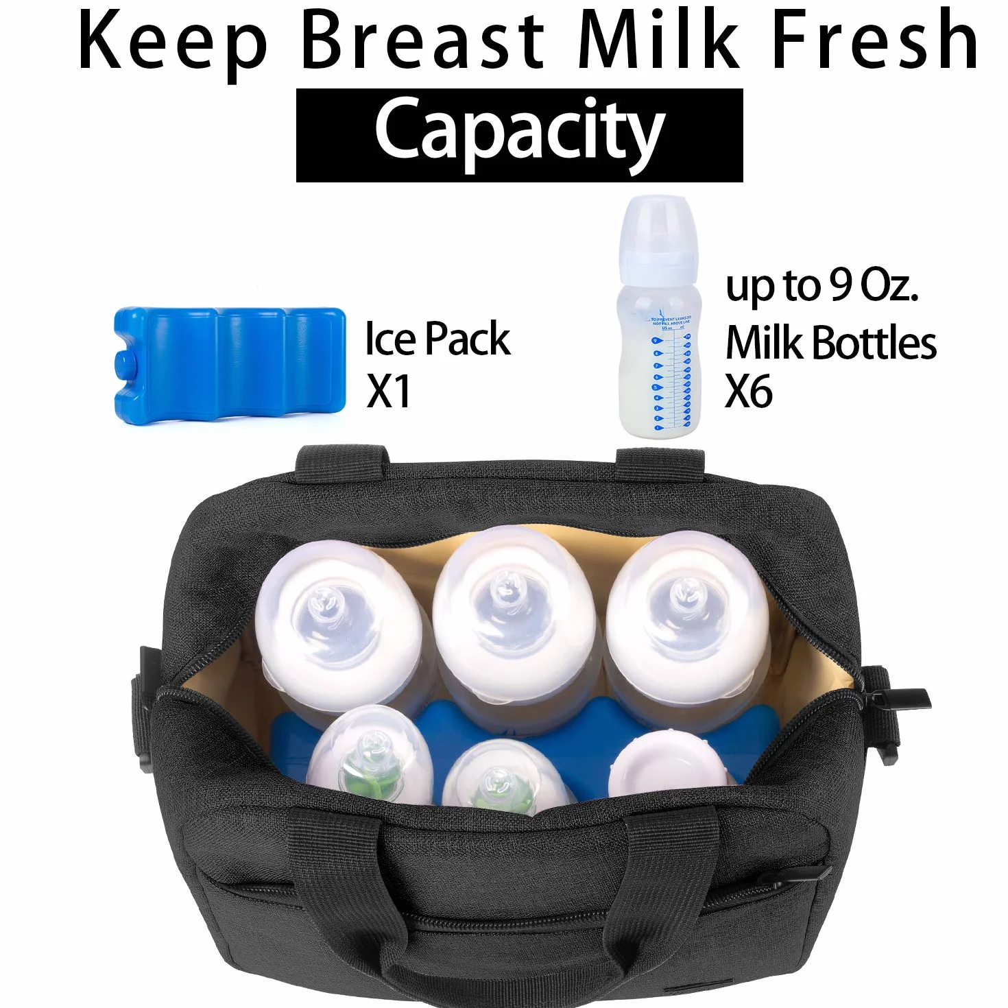 Teamoy Borsa Termica per Biberon con Mattonelle per il Ghiaccio, Porta Biberon Isotermico, Adatto a 6 biberon da 270ml, Nero