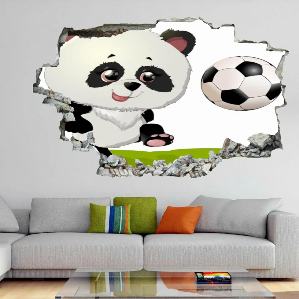 Adesivi Murali Murales Fracassati 3D Panda Decalcomanie Per Pavimenti In Impermeabile Art Calcio Per La Camera Da Letto, La Decorazione Della Parete Della Scuola Materna 120x80cm