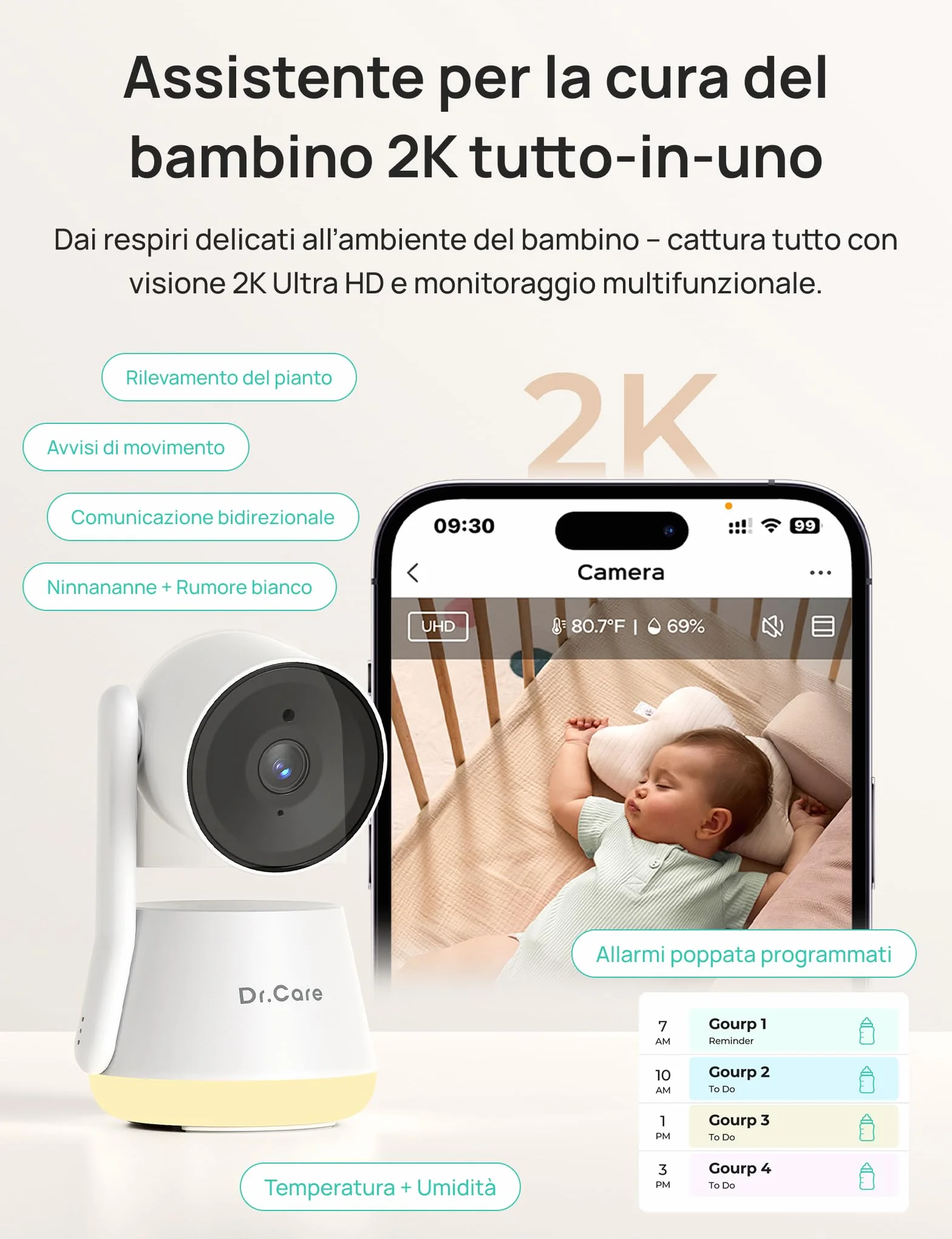 Dr.Care LumiView Baby Monitor WiFi SBM003-1080P FHD & 2K, Controllo App, Modalità Privacy, Batteria 5000mAh, Allarmi Pianto e Movimento, Luce Notturna RGB (Monitor 5" con 2 Telecamere)