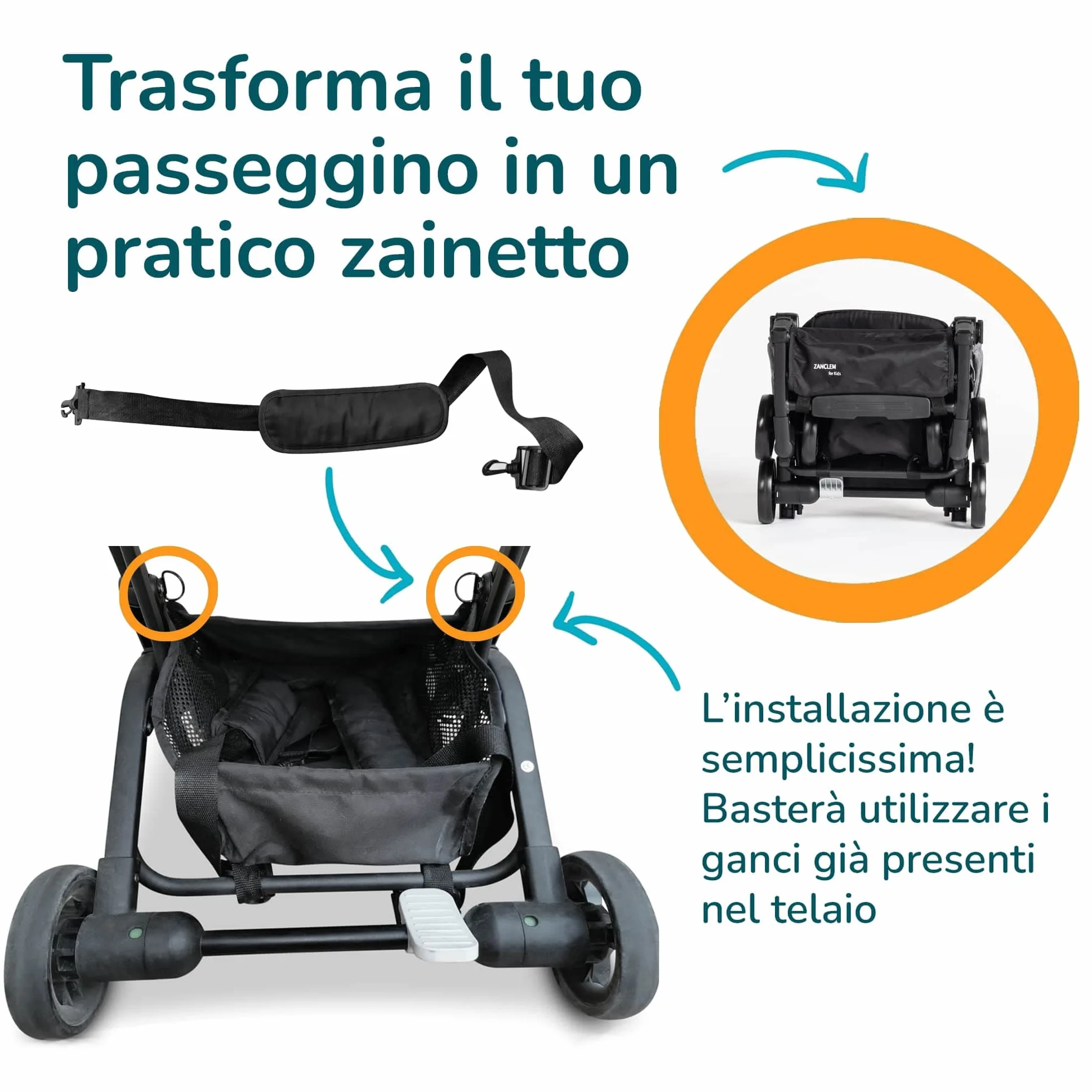 PassegginoPiuma0+ Kit Accessori Aggiuntivi per Trasformare il Passeggino Leggero Piuma 0+ di Zanclem dalla versione Standard nelle versioni Deluxe o Platinum (Grigio, Platinum)