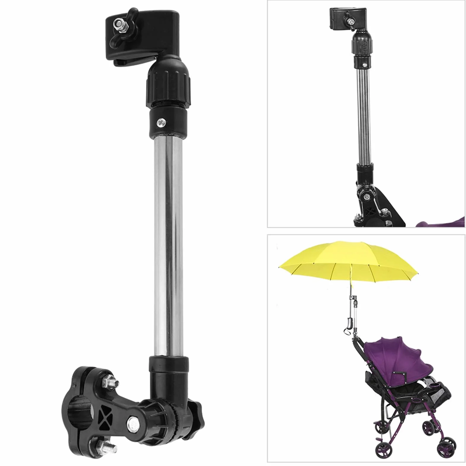 MBC - Portaombrelli in acciaio inox, retrattile per passeggino, regolazione telescopica verso il basso, adatto per manubrio da 0,8 a 1 pollici, default
